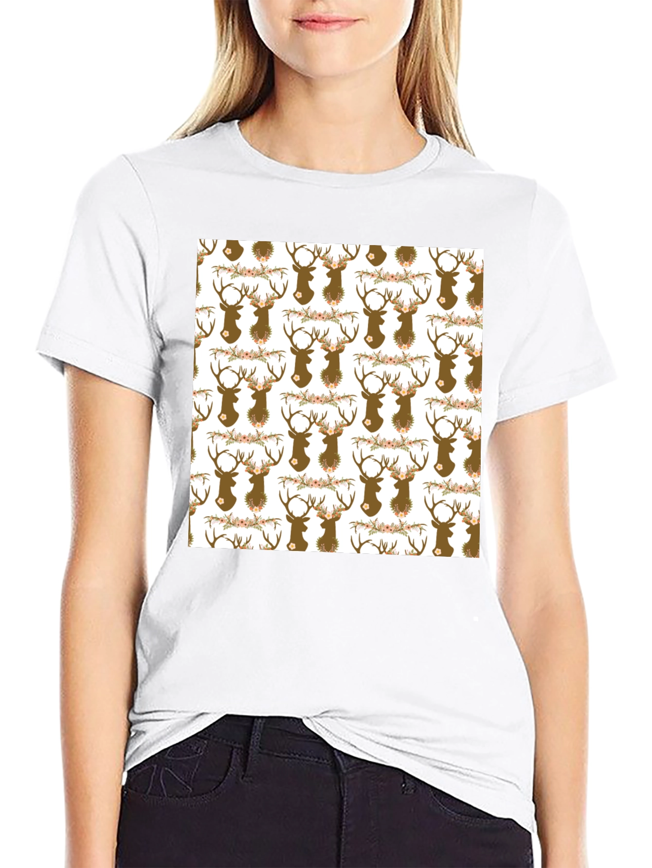 Deer Head Floral Pattern Black T-Shirt