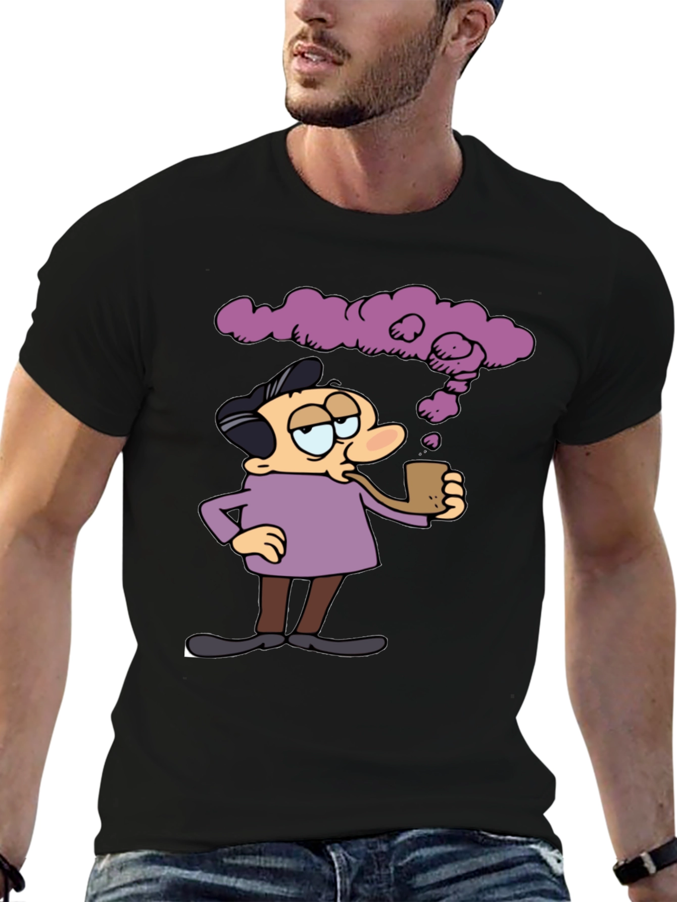 Cartoon Man Smoking Pipe Graphic T-Shirt