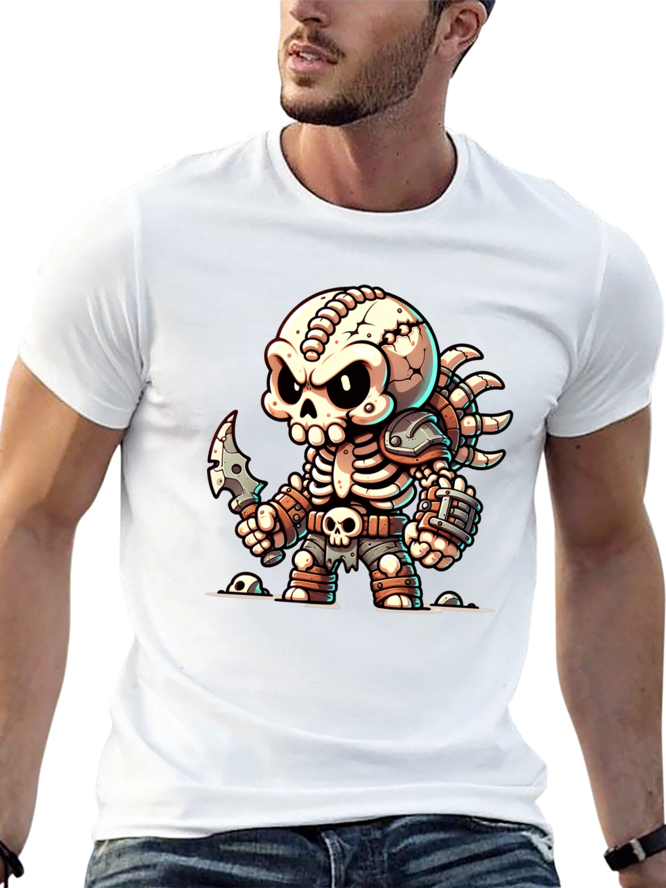 Cartoon Skeleton Warrior Graphic T-Shirt