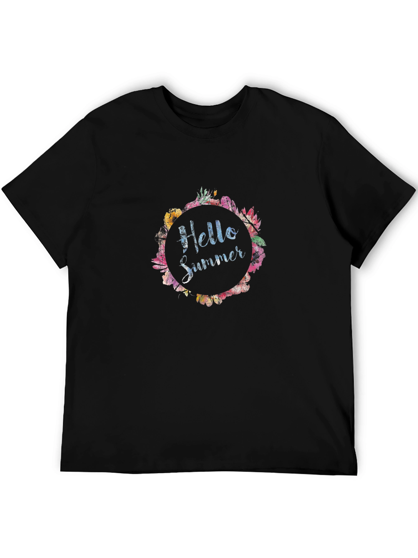 Hello Summer Floral Wreath Black T-Shirt