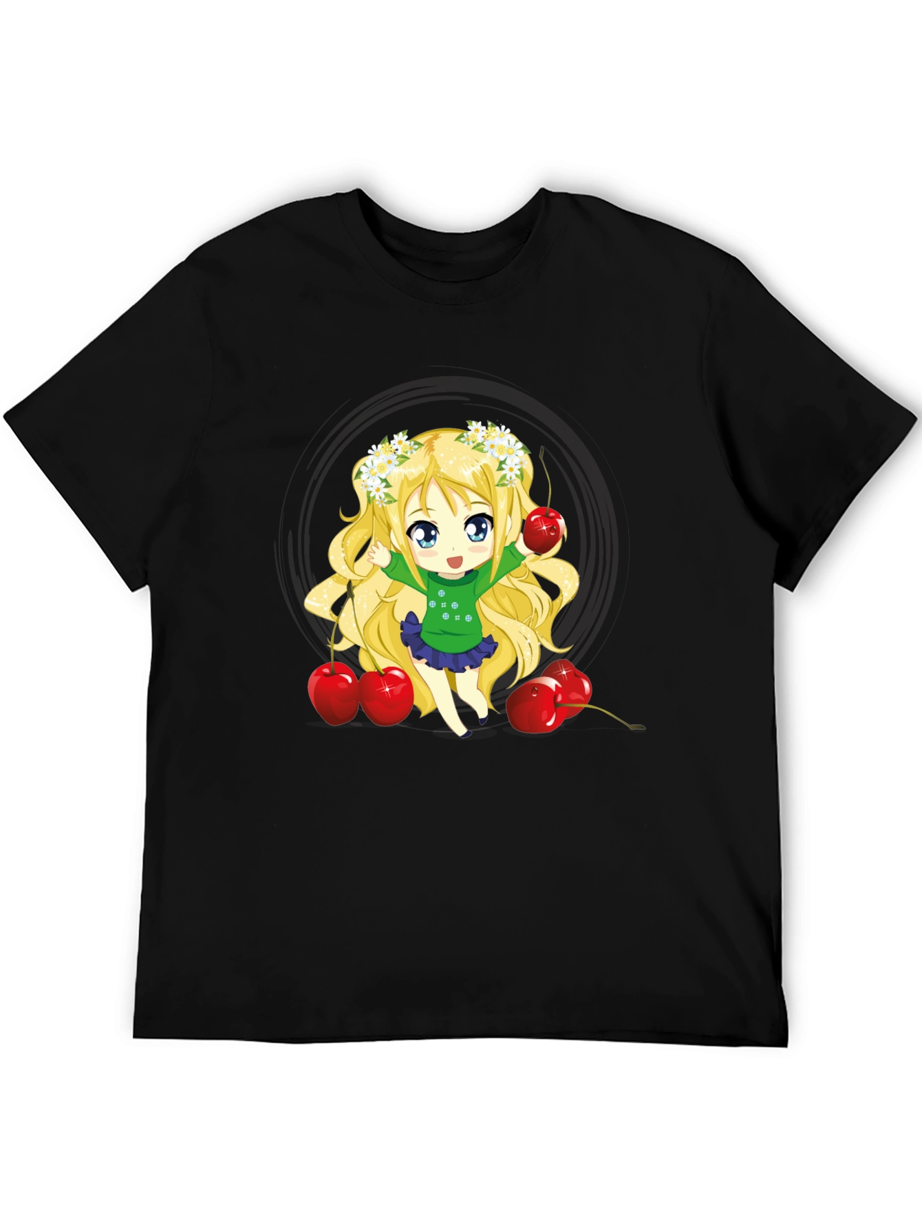 Anime Girl & Cherries Black T-Shirt