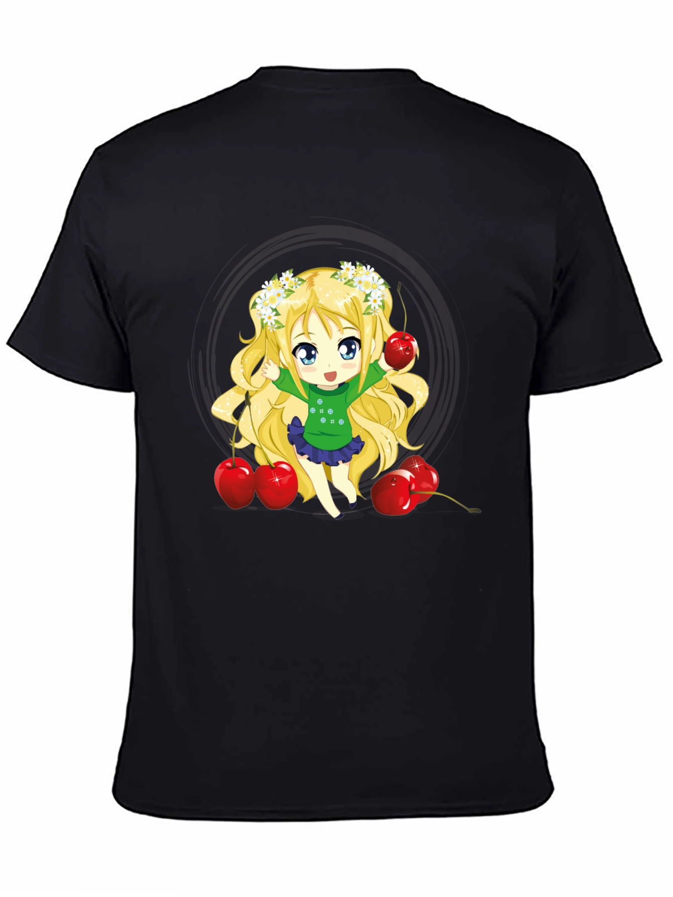 Anime Girl & Cherries Black T-Shirt