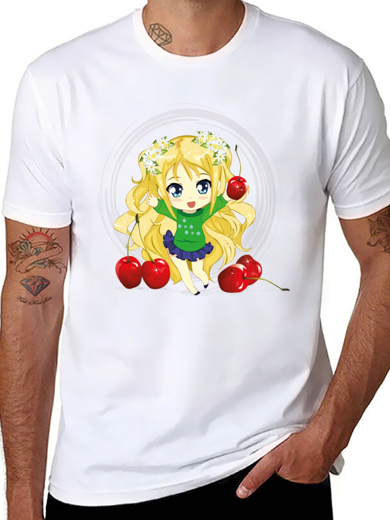 Anime Girl & Cherries Black T-Shirt