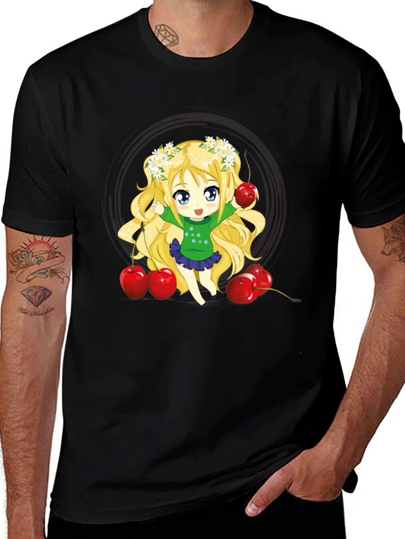 Anime Girl & Cherries Black T-Shirt