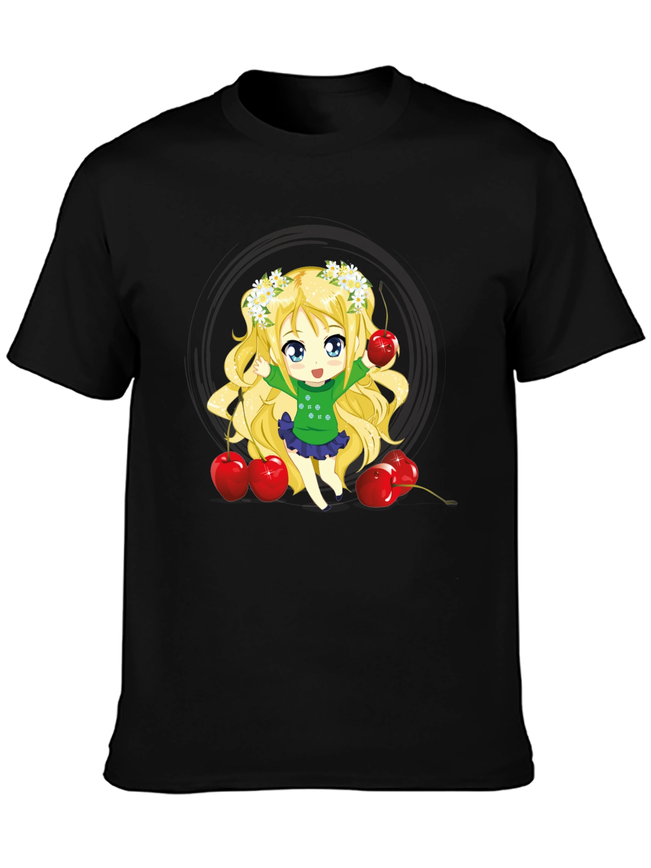Anime Girl & Cherries Black T-Shirt
