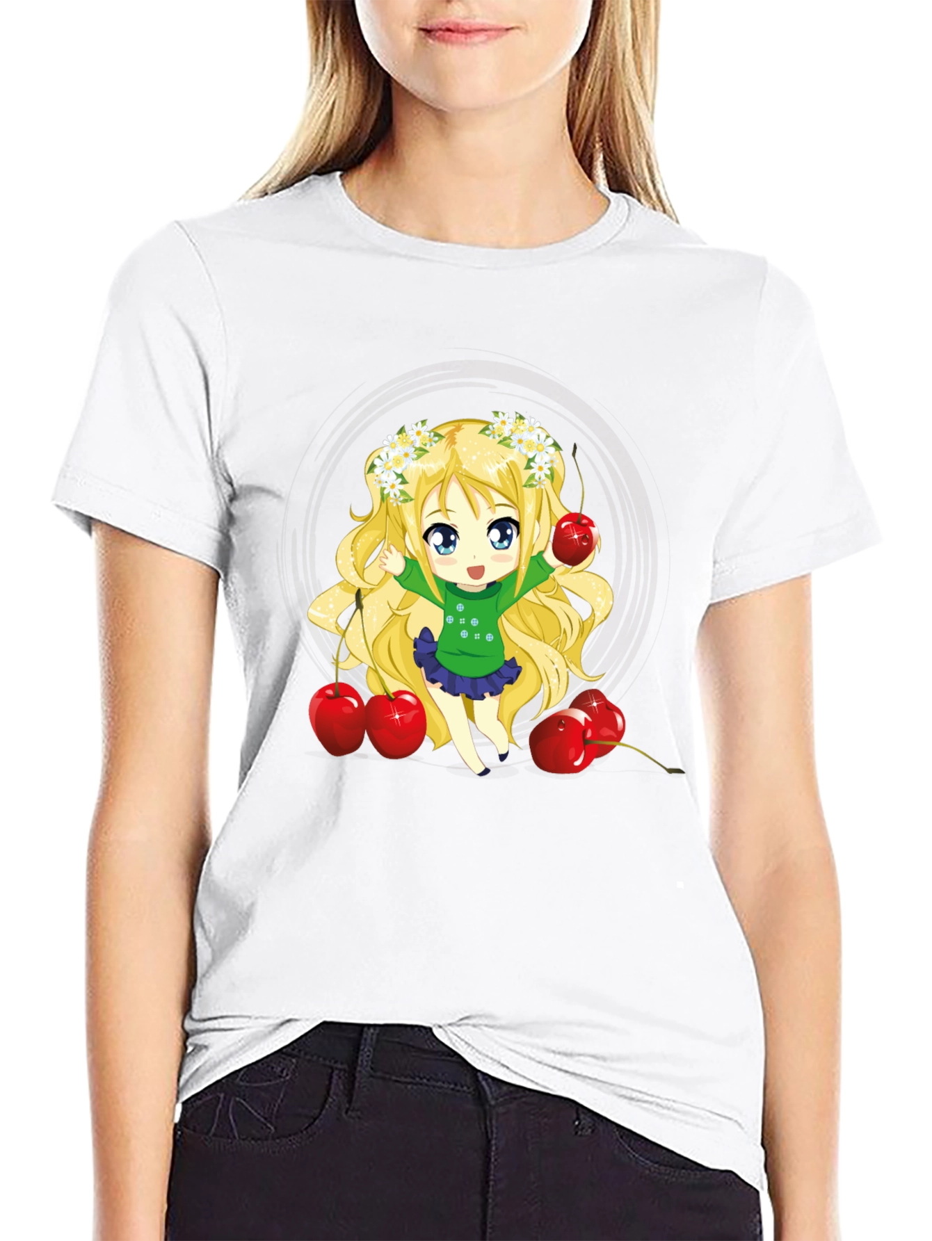 Anime Girl & Cherries Black T-Shirt
