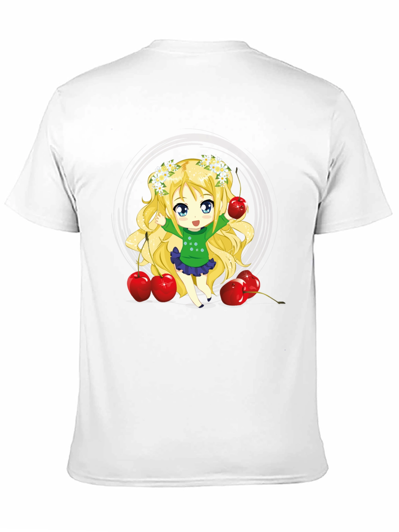 Anime Girl & Cherries Black T-Shirt