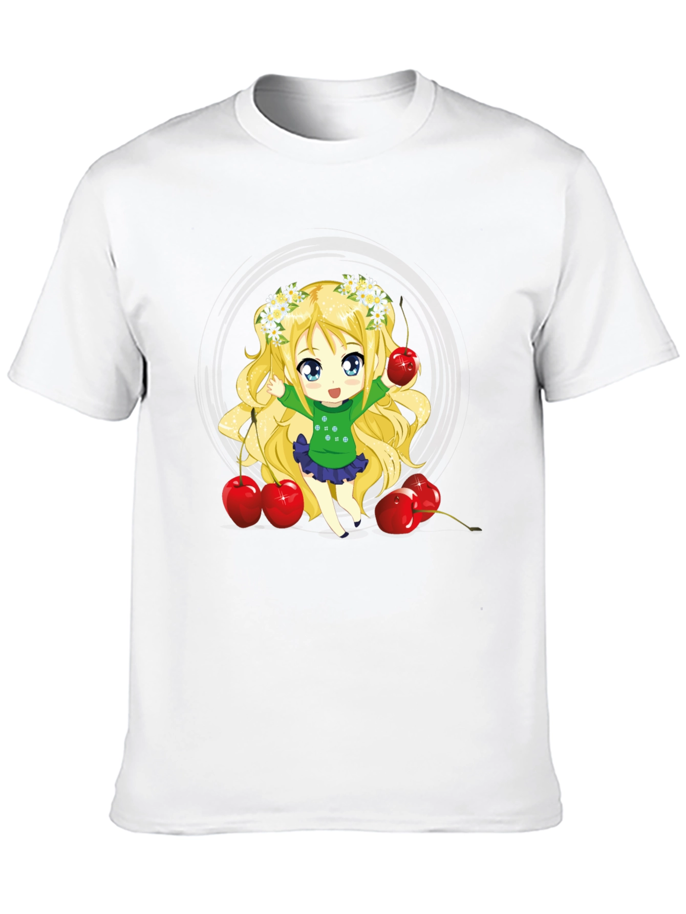 Anime Girl & Cherries Black T-Shirt