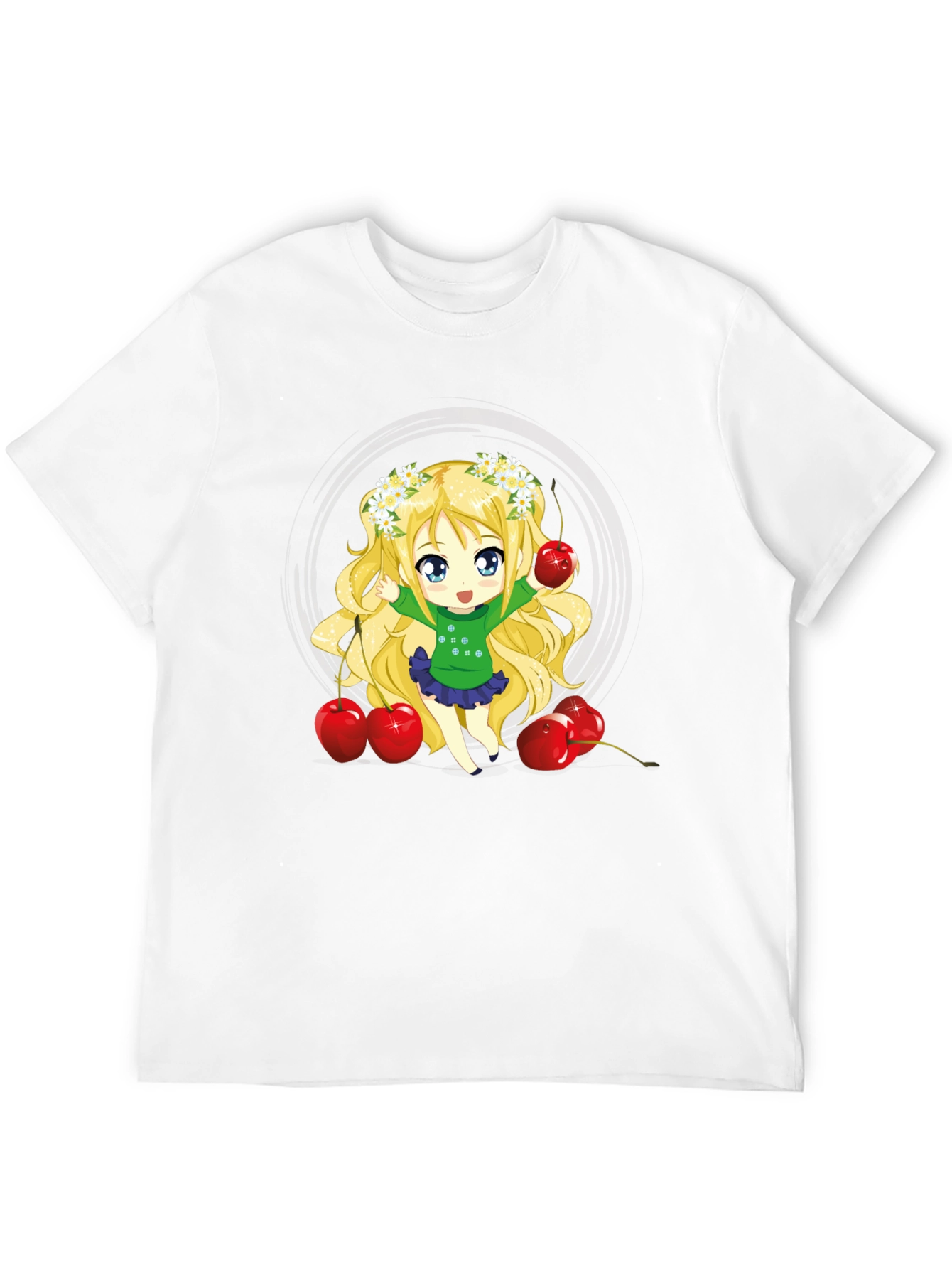 Anime Girl & Cherries Black T-Shirt