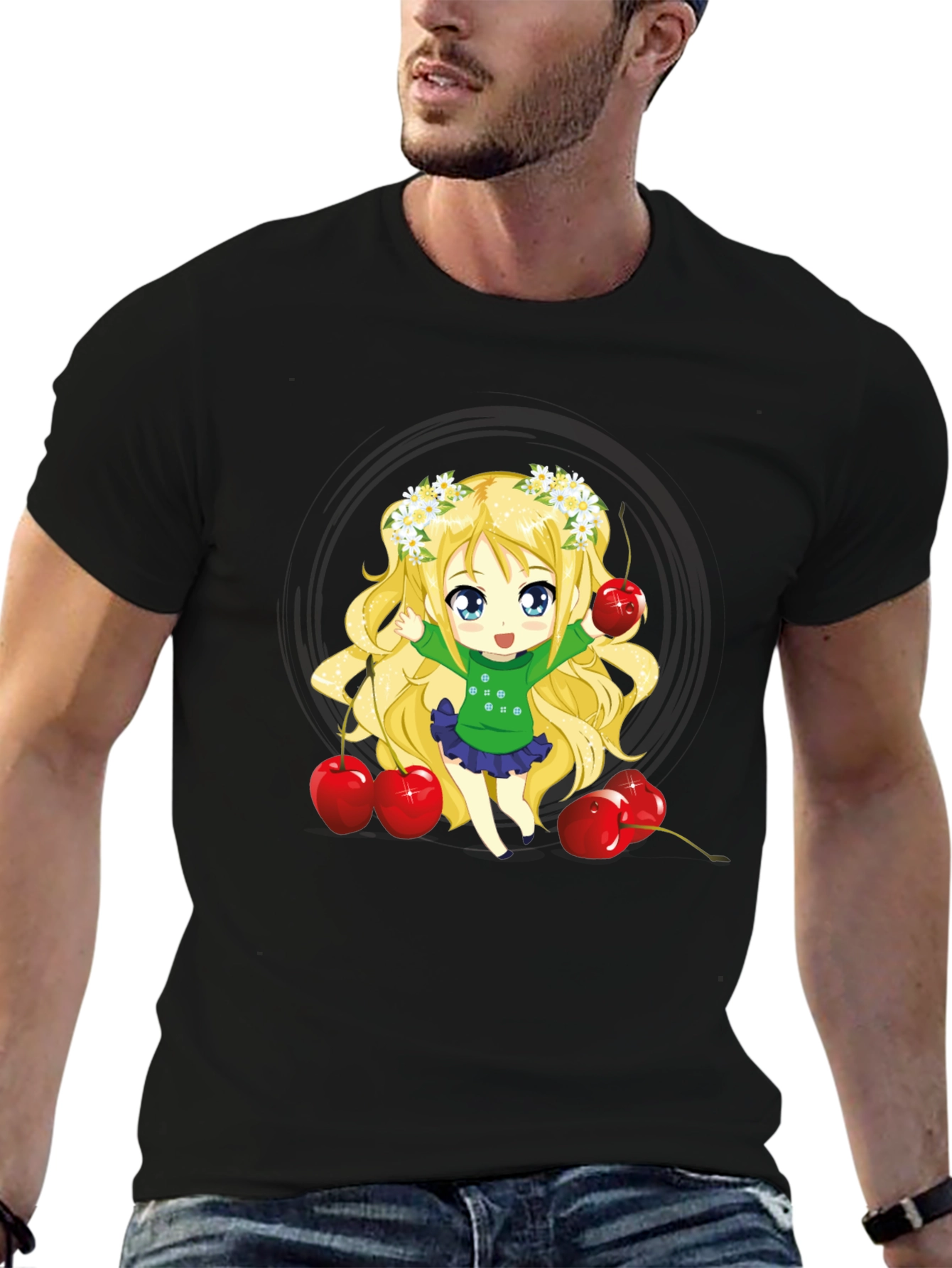 Anime Girl & Cherries Black T-Shirt