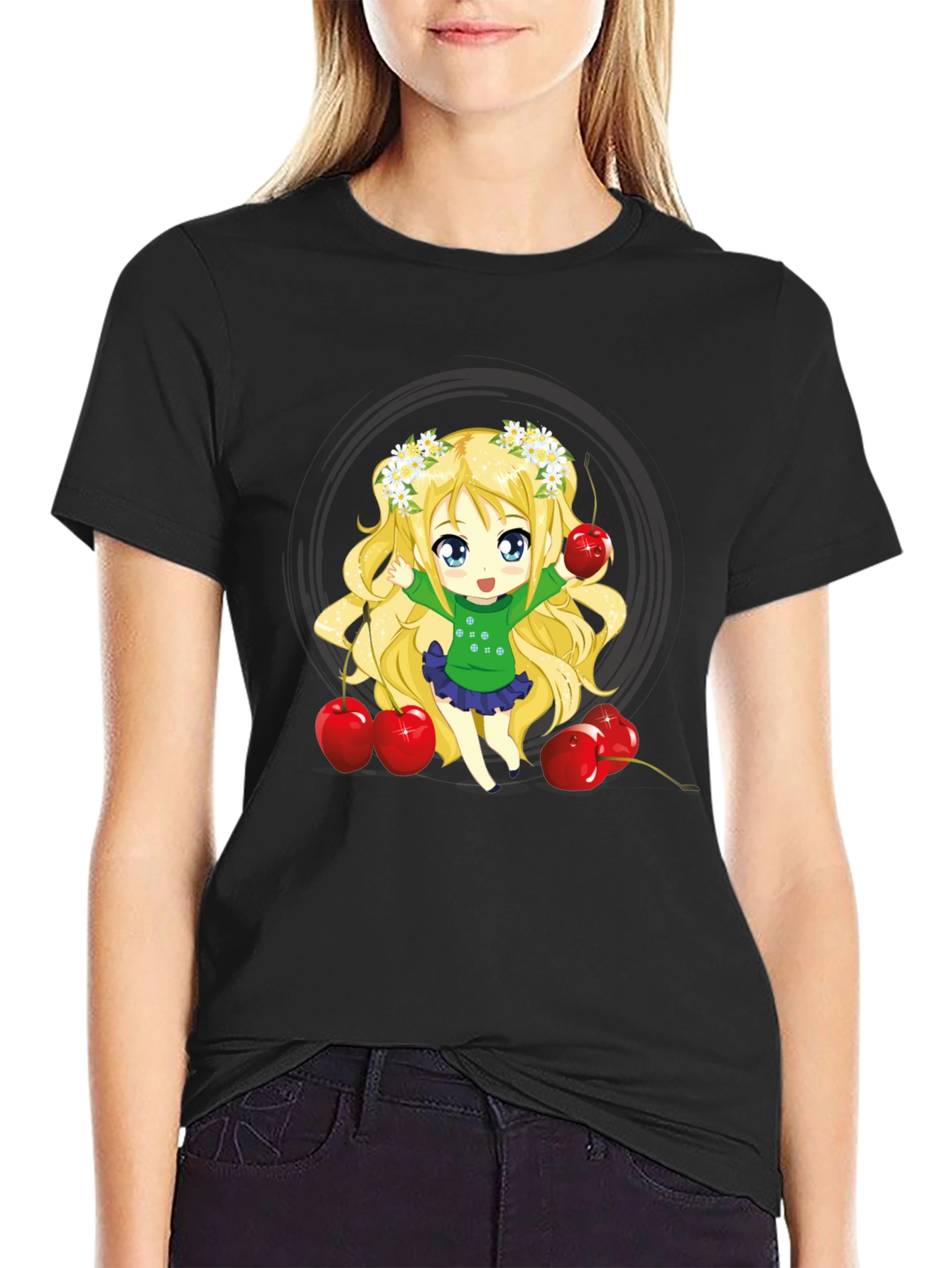 Anime Girl & Cherries Black T-Shirt