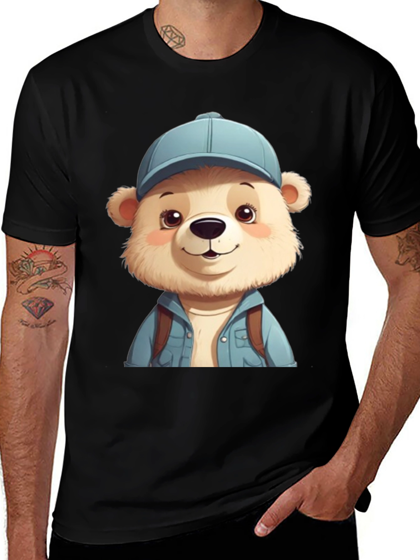 Cute Bear Tourist T-Shirt - Black Cotton Blend