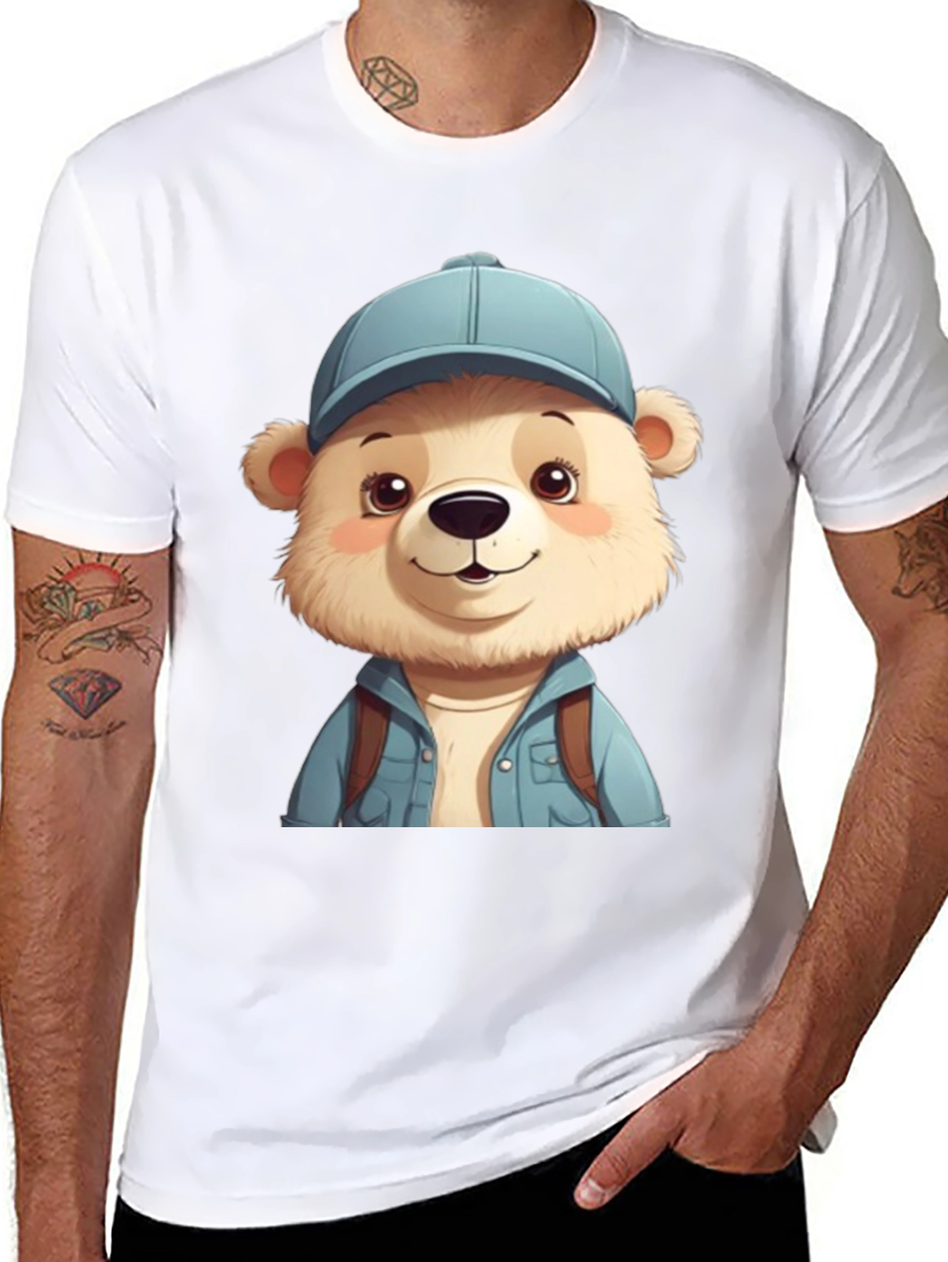 Cute Bear Tourist T-Shirt - Black Cotton Blend