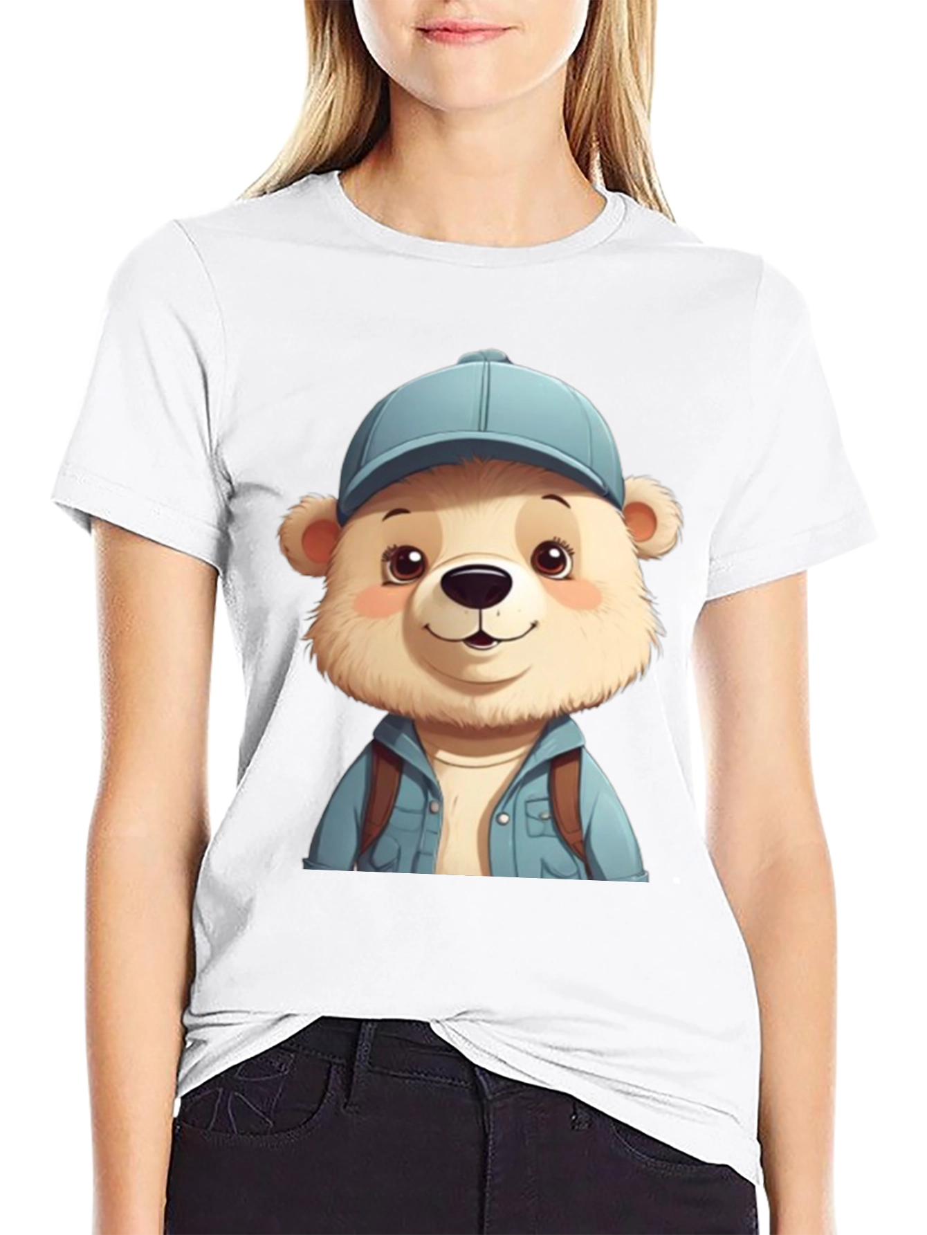 Cute Bear Tourist T-Shirt - Black Cotton Blend