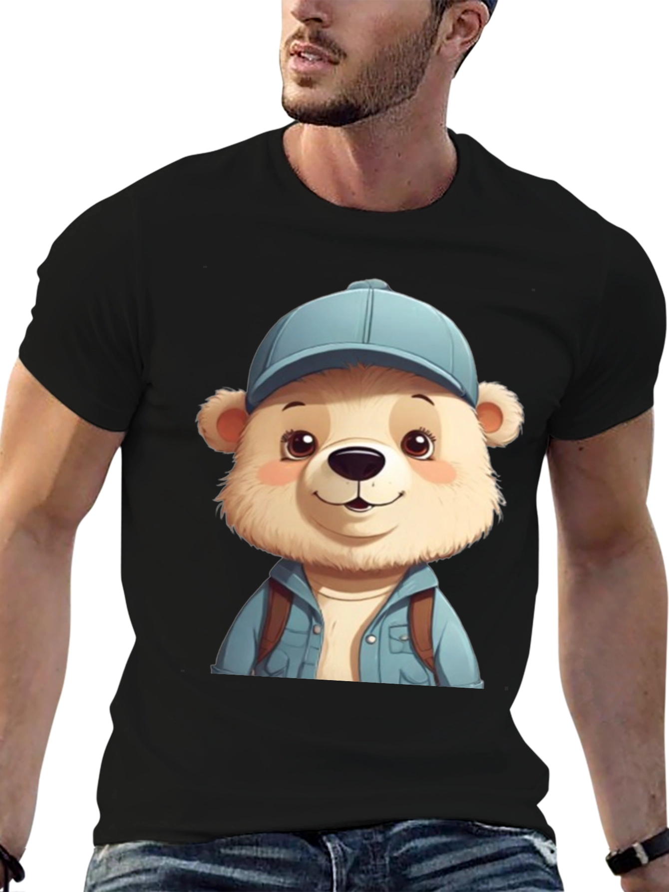 Cute Bear Tourist T-Shirt - Black Cotton Blend