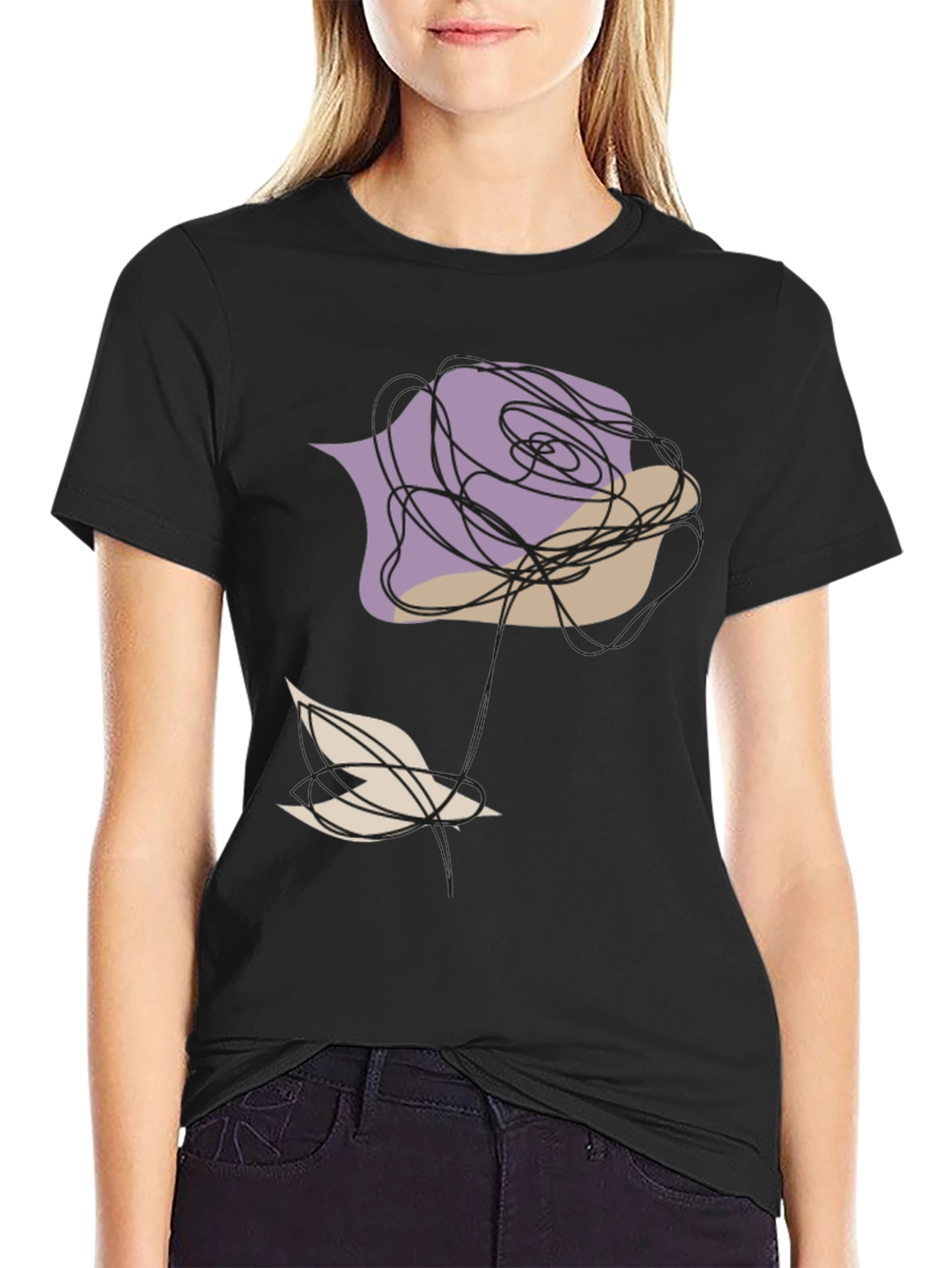 Abstract Rose and Bird Black Graphic Tee