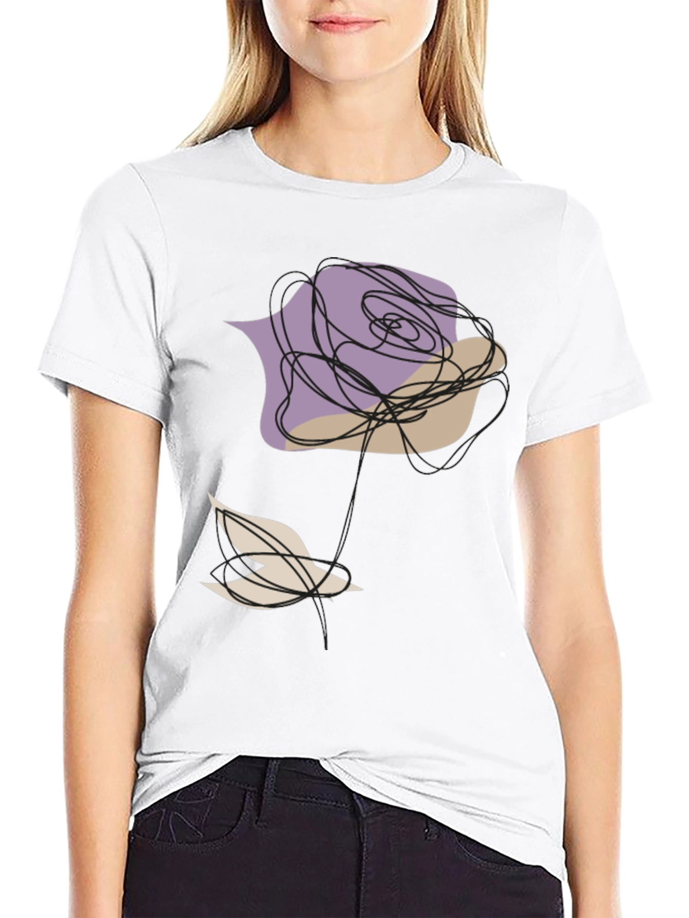 Abstract Rose and Bird Black Graphic Tee