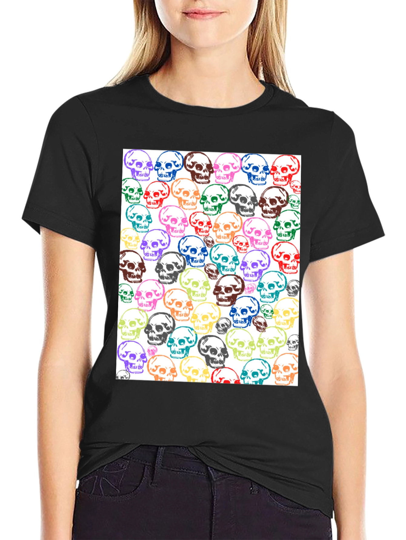 Skull Pattern Graphic Tee - Unisex Black T-Shirt