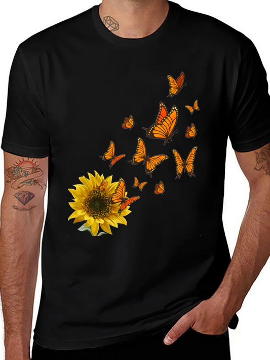 Sunflower & Butterfly Graphic Black T-Shirt