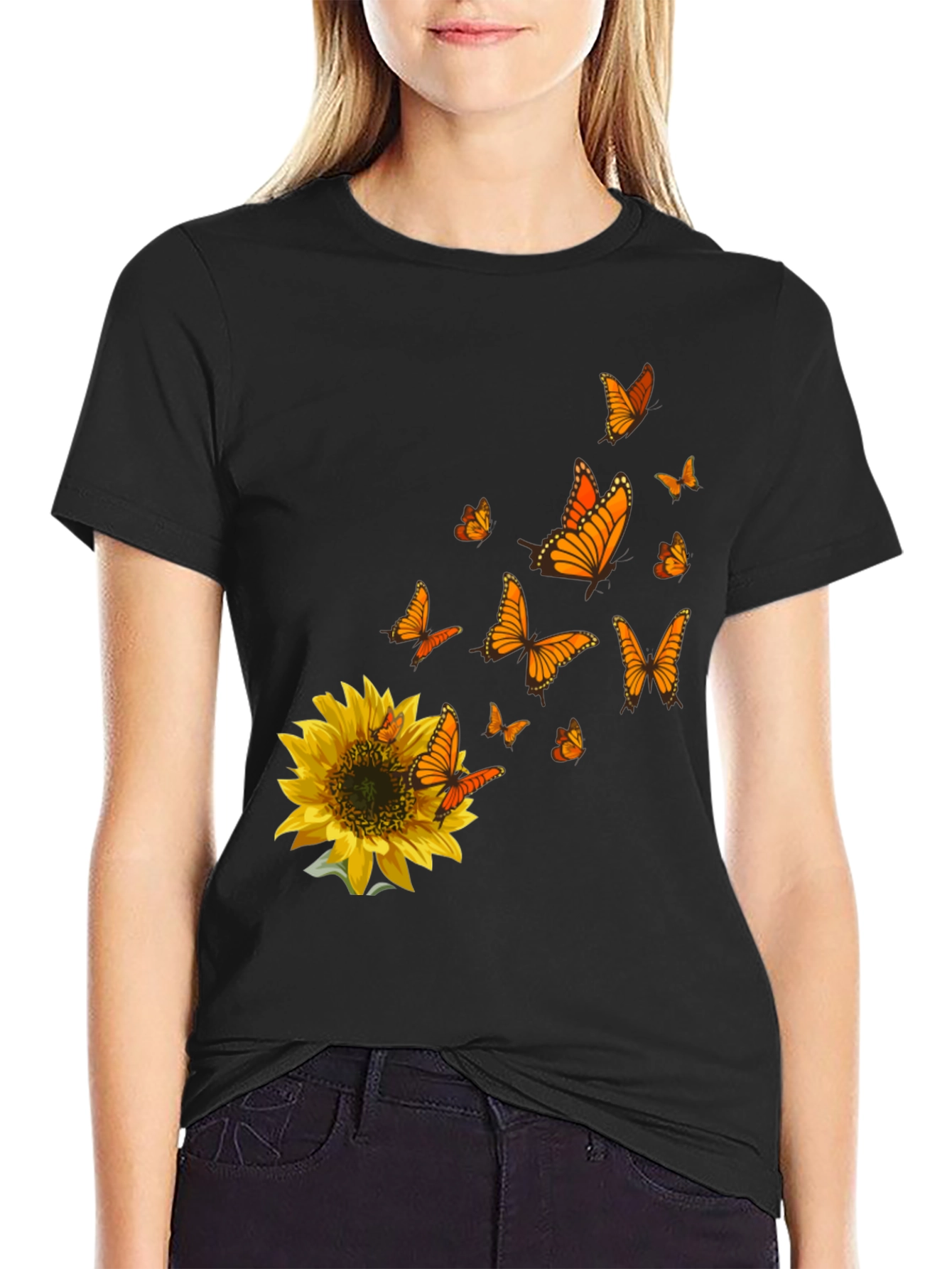 Sunflower & Butterfly Graphic Black T-Shirt