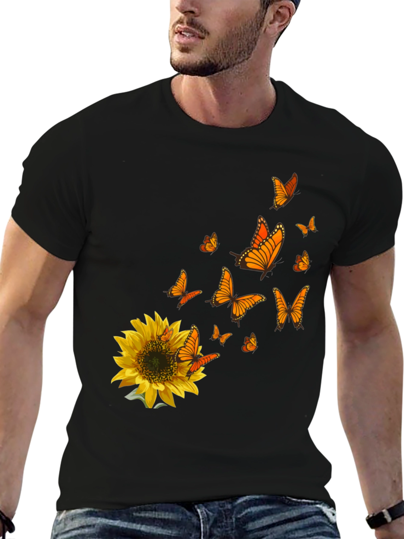 Sunflower & Butterfly Graphic Black T-Shirt