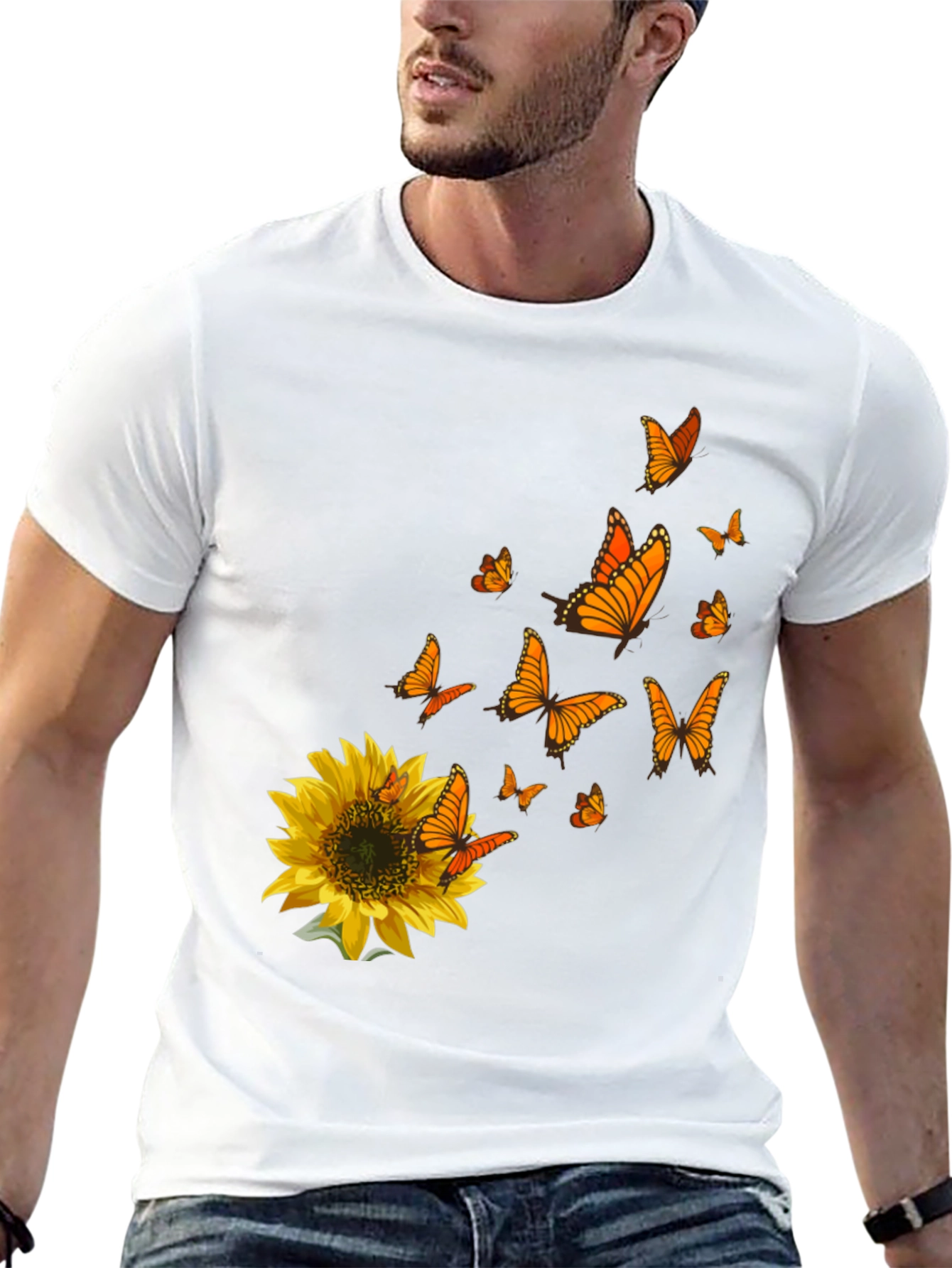 Sunflower & Butterfly Graphic Black T-Shirt