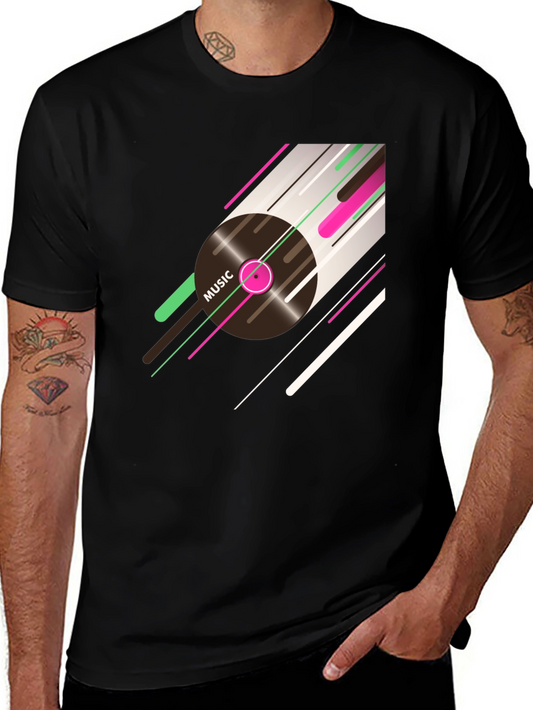 Music Record Graphic Tee - Black Cotton T-Shirt