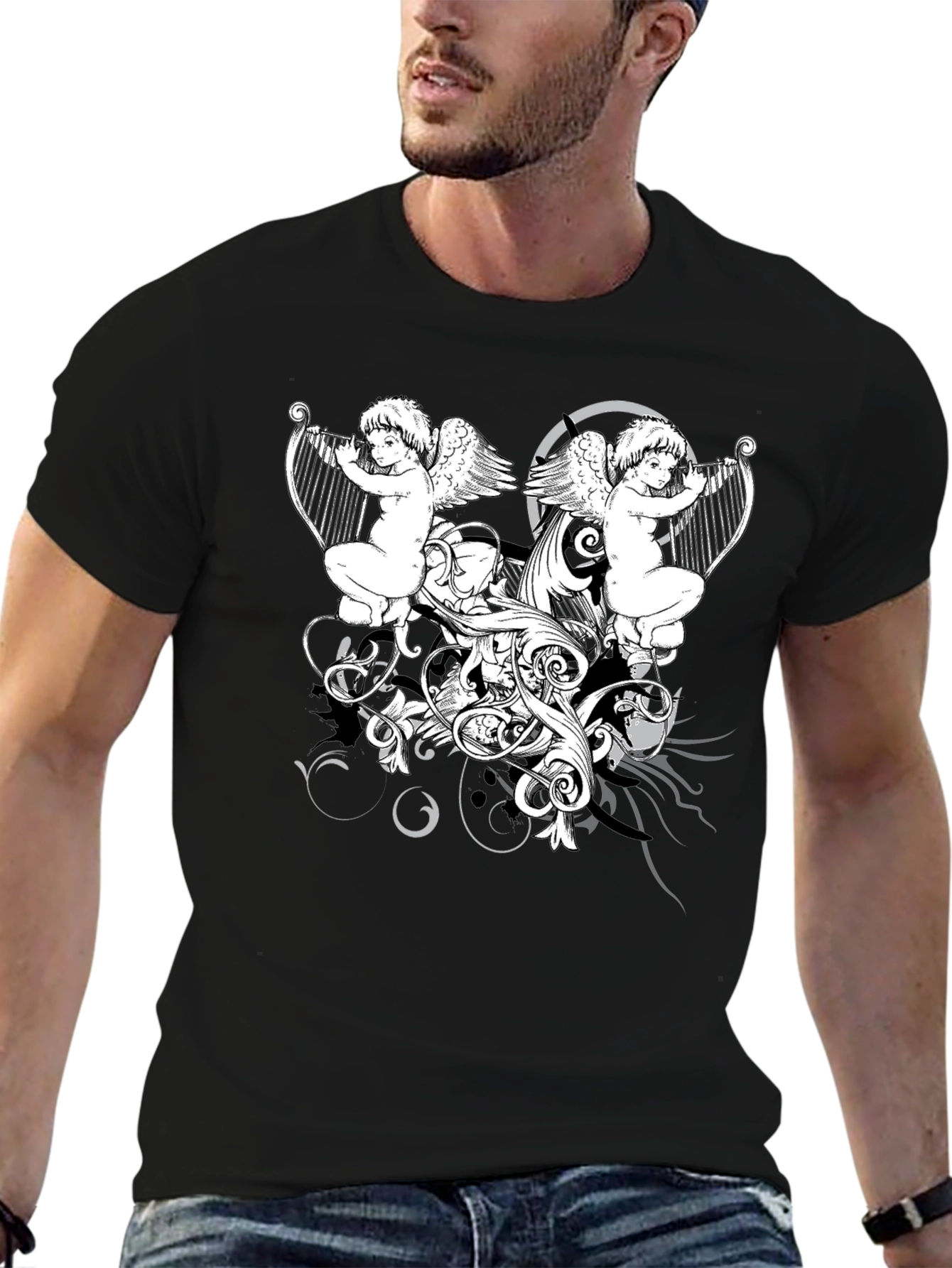 Angelic Harpist Graphic Tee - Black Cotton Comfort