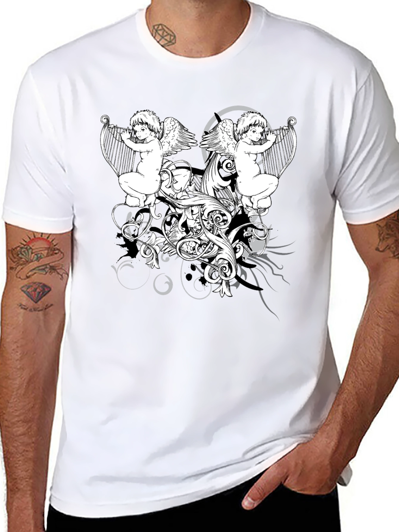 Angelic Harpist Graphic Tee - Black Cotton Comfort