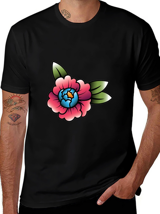 Floral Tattoo Style Graphic Tee - Black Cotton