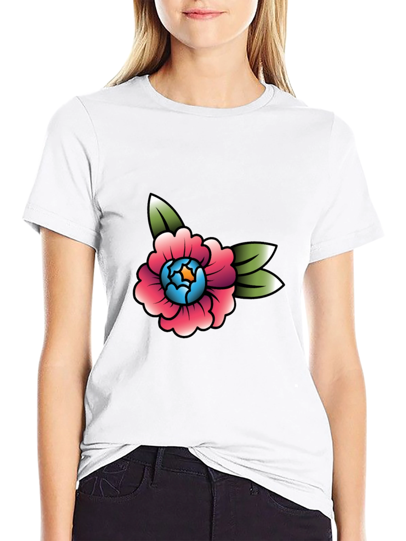 Floral Tattoo Style Graphic Tee - Black Cotton