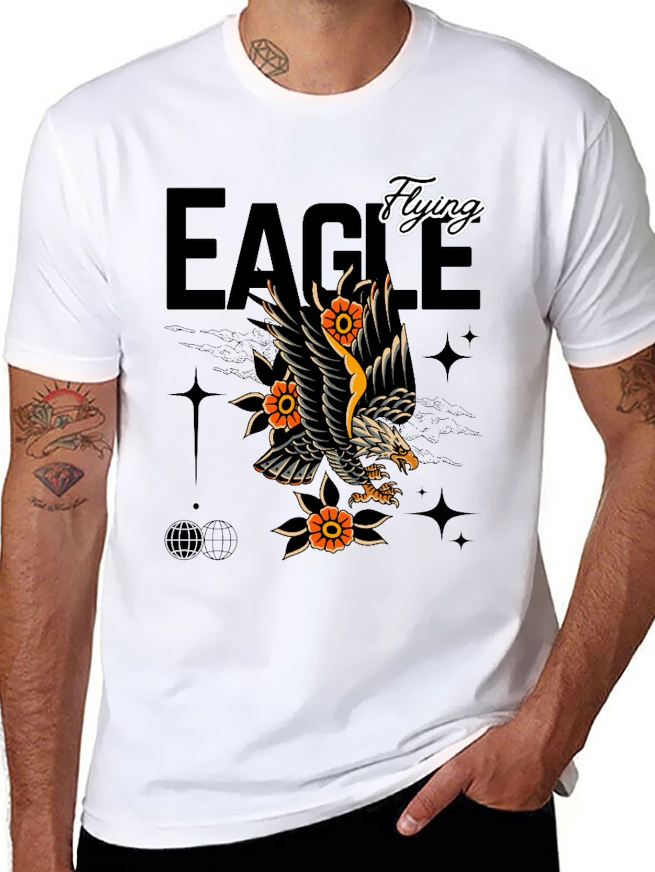 Eagle Tattoo Style Graphic Print Black T-Shirt
