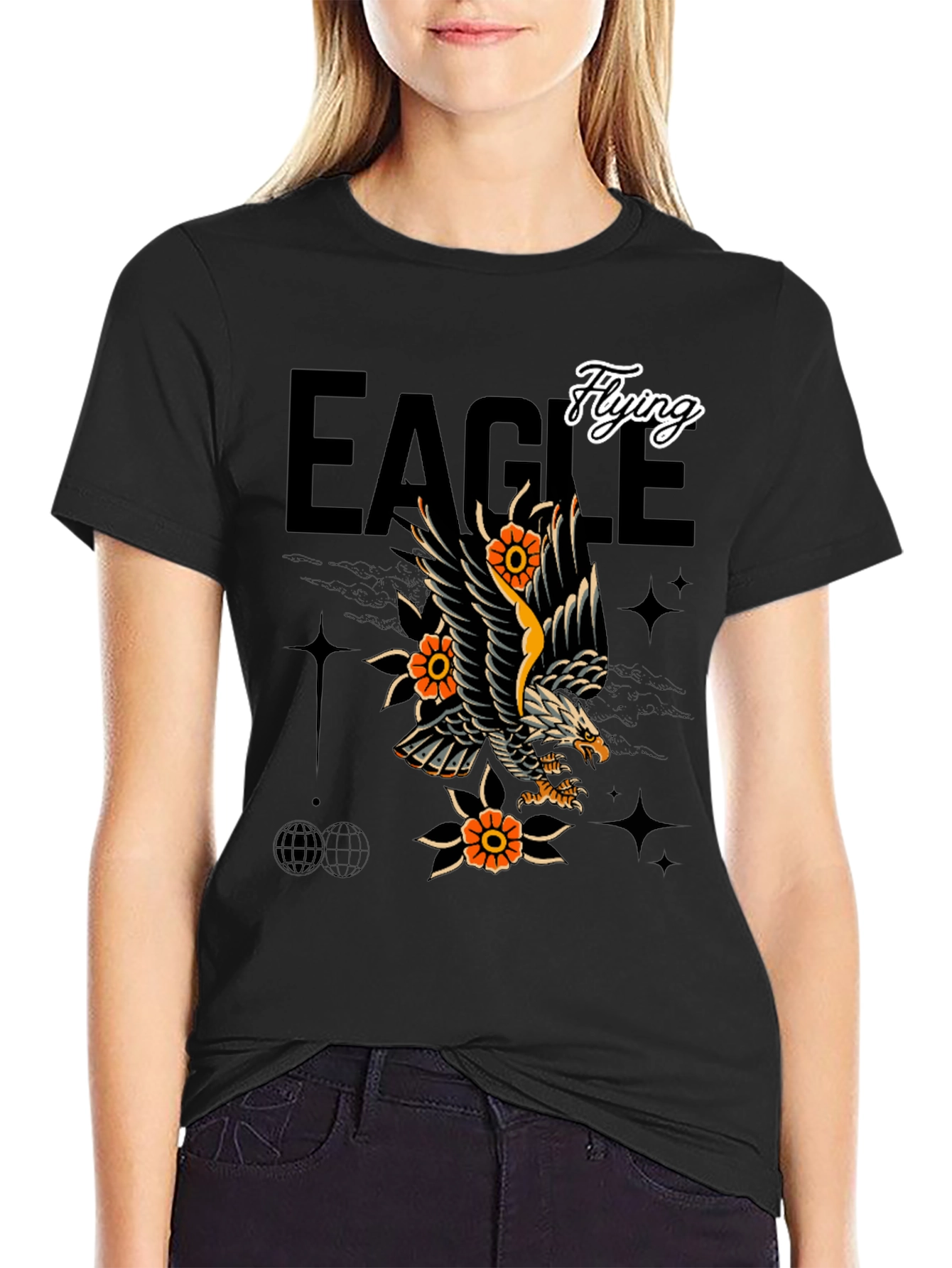 Eagle Tattoo Style Graphic Print Black T-Shirt