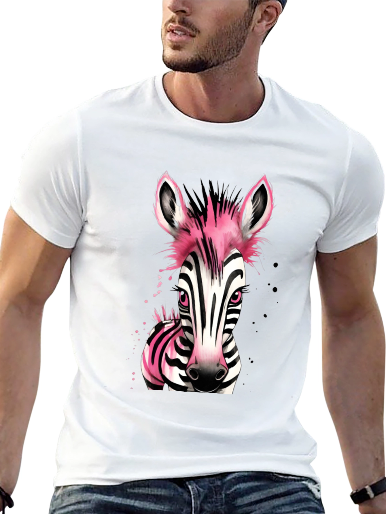 Pink Zebra Graphic Print Mens Black T-Shirt