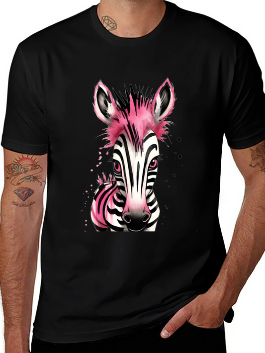 Pink Zebra Graphic Print Mens Black T-Shirt