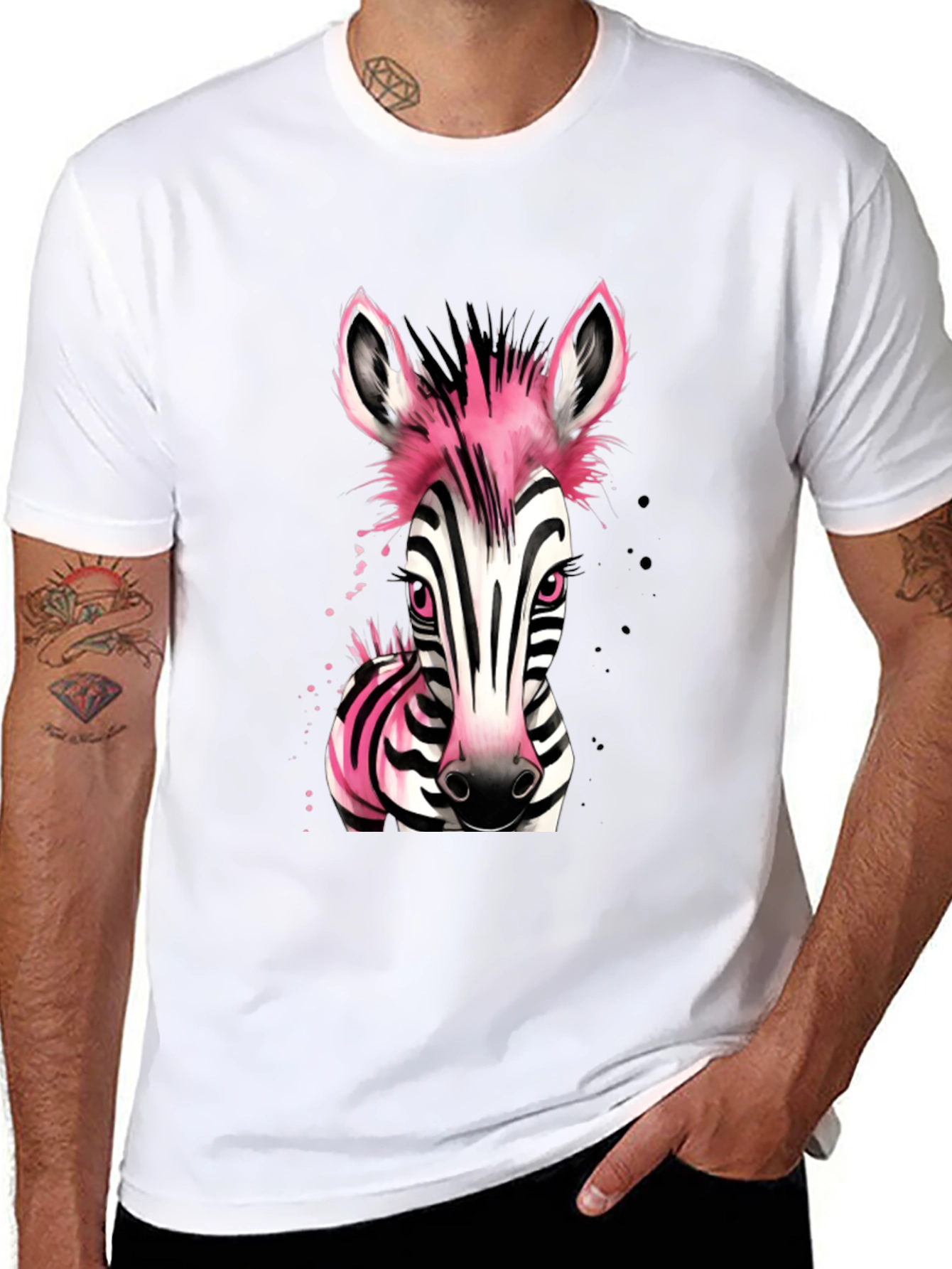 Pink Zebra Graphic Print Mens Black T-Shirt