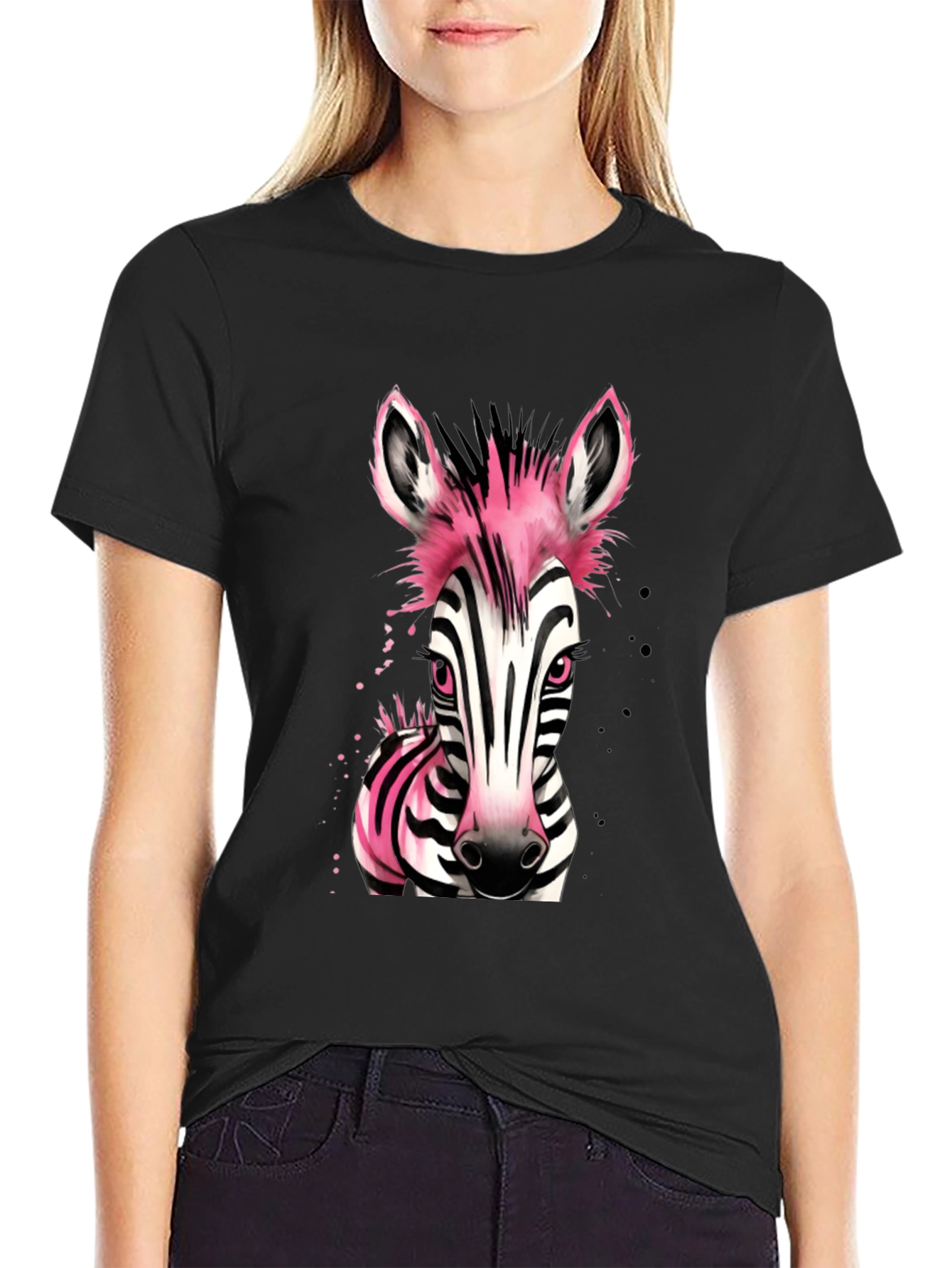 Pink Zebra Graphic Print Mens Black T-Shirt