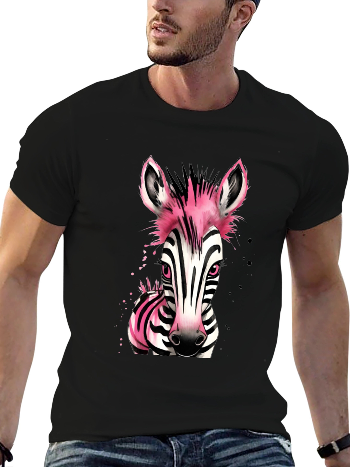 Pink Zebra Graphic Print Mens Black T-Shirt