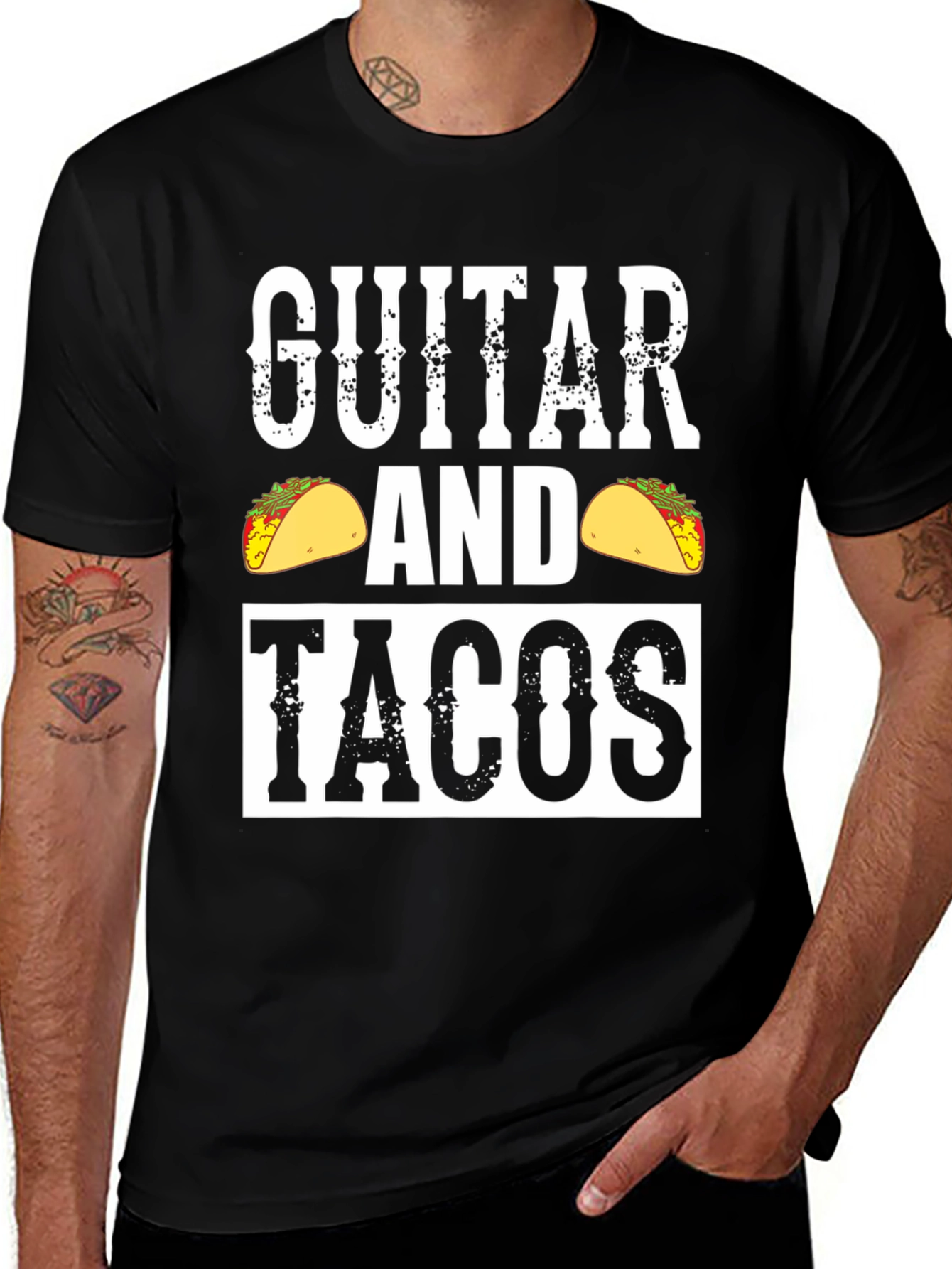 Guitar And Tacos Graphic Tee - Black Cotton Shirt