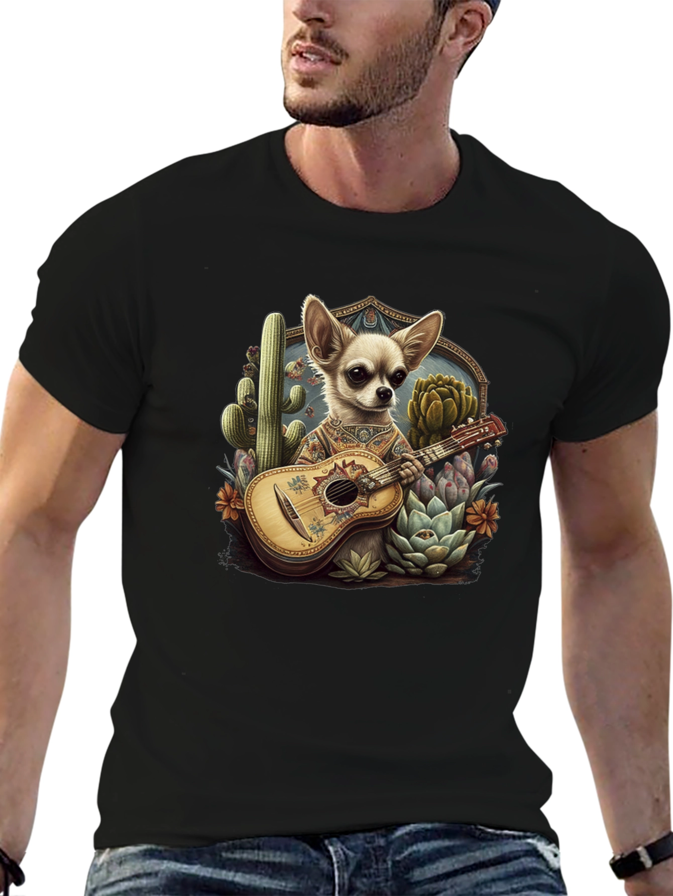 Chihuahua Guitarist Graphic T-Shirt - Mens Black Tee