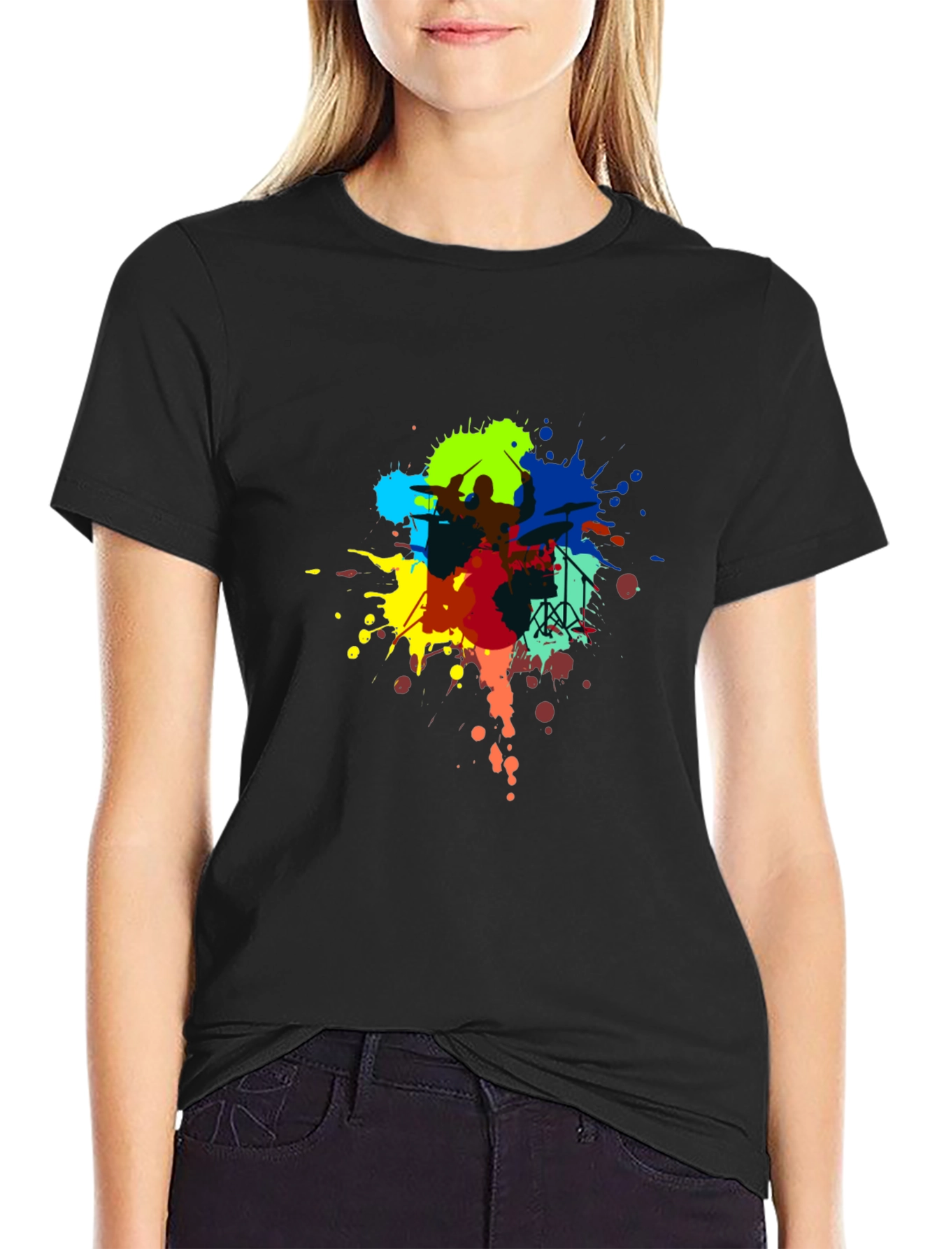Drummer Paint Splatter Black T-Shirt