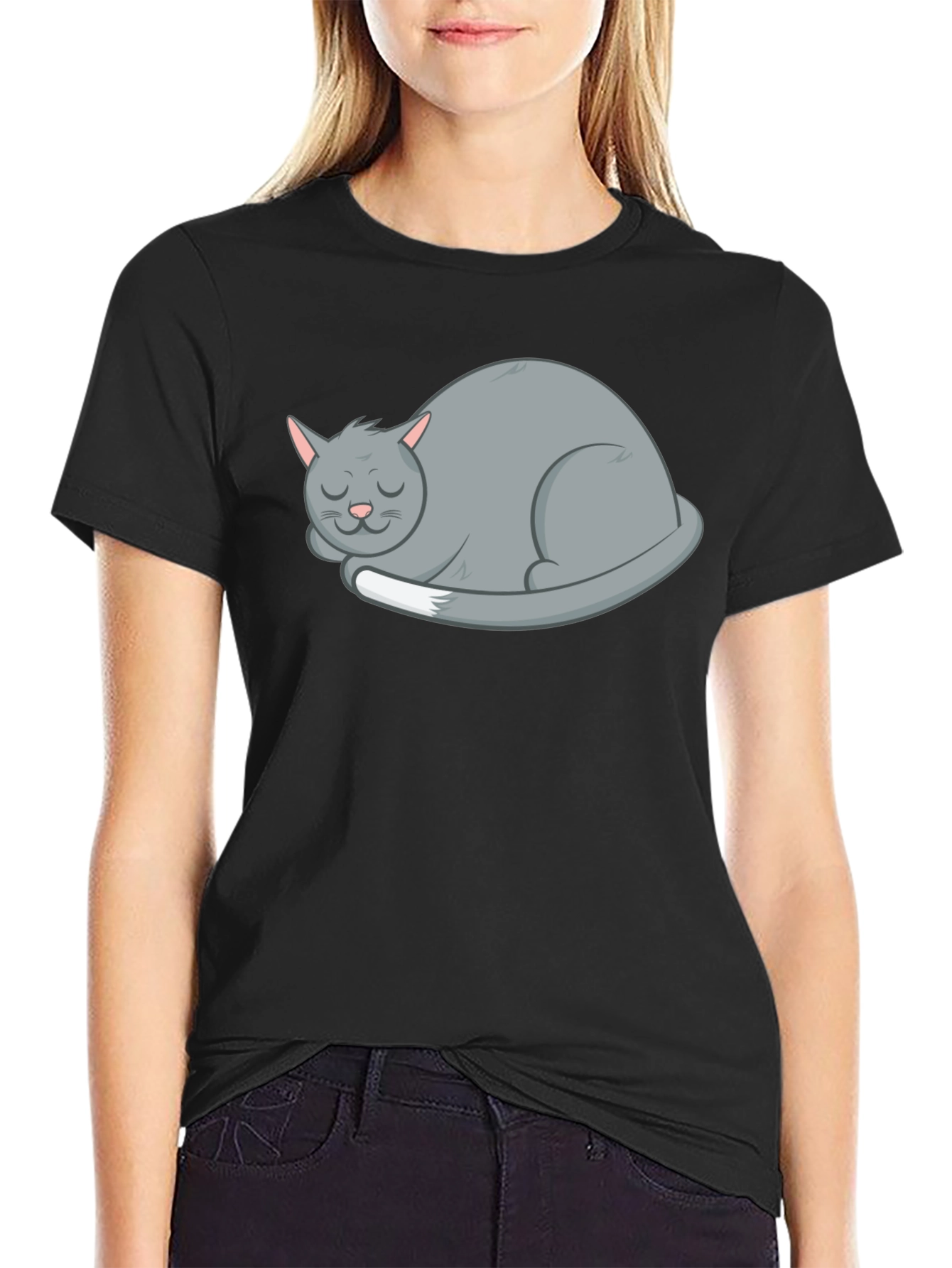 Sleeping Cat Graphic Tee - Soft Black Cotton Shirt