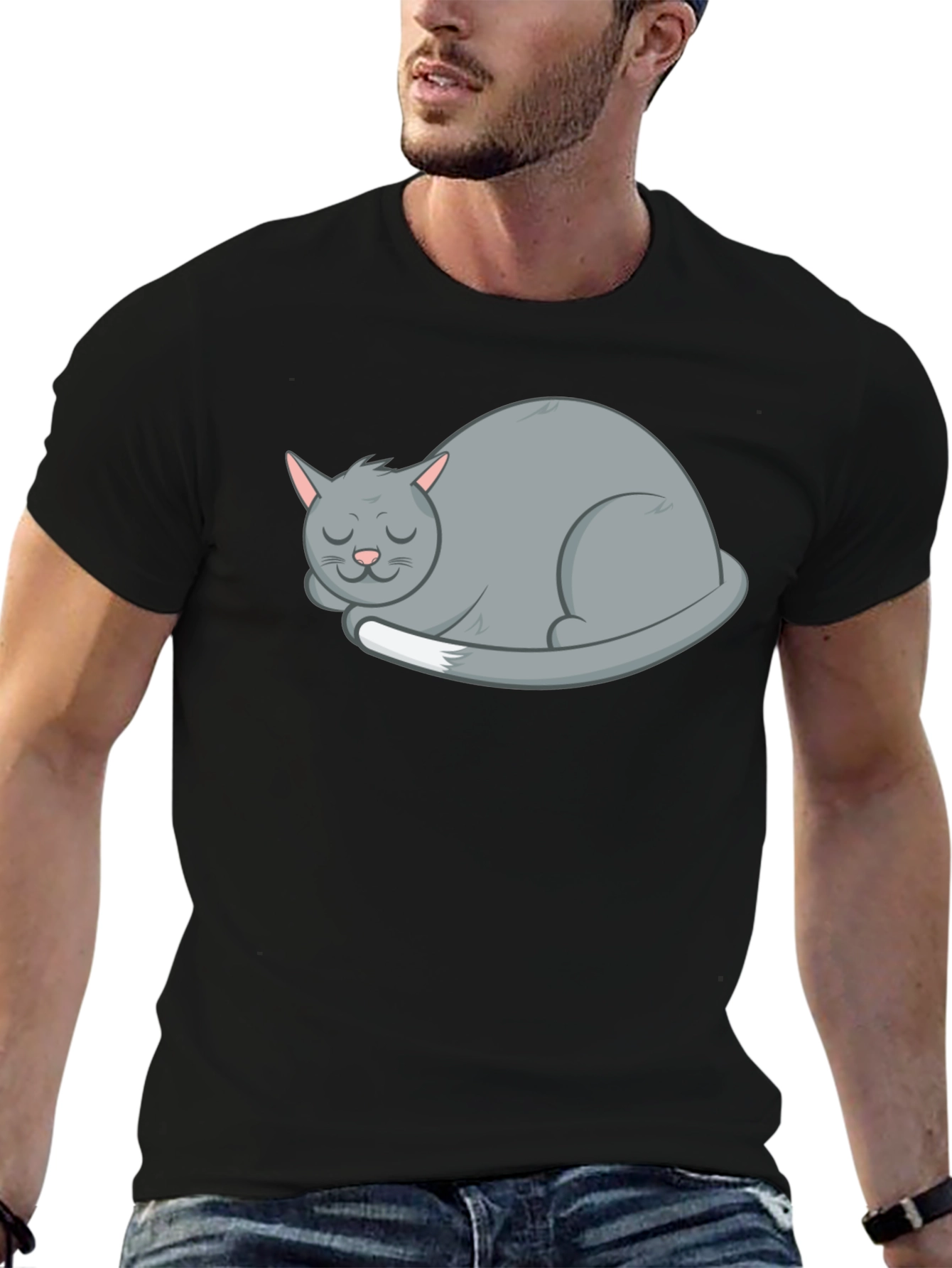 Sleeping Cat Graphic Tee - Soft Black Cotton Shirt