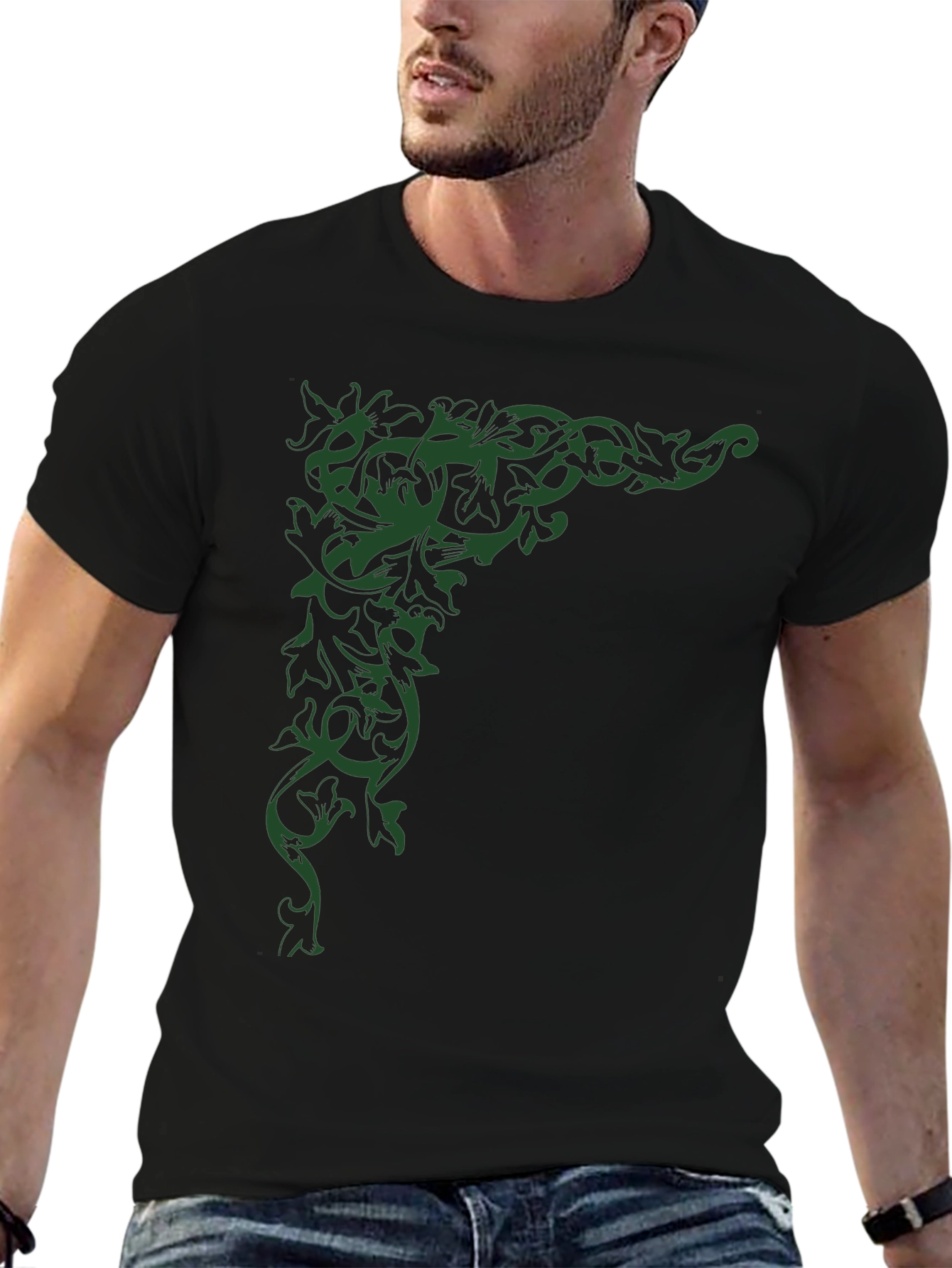 Elegant Leaf Vine Graphic Black T-Shirt