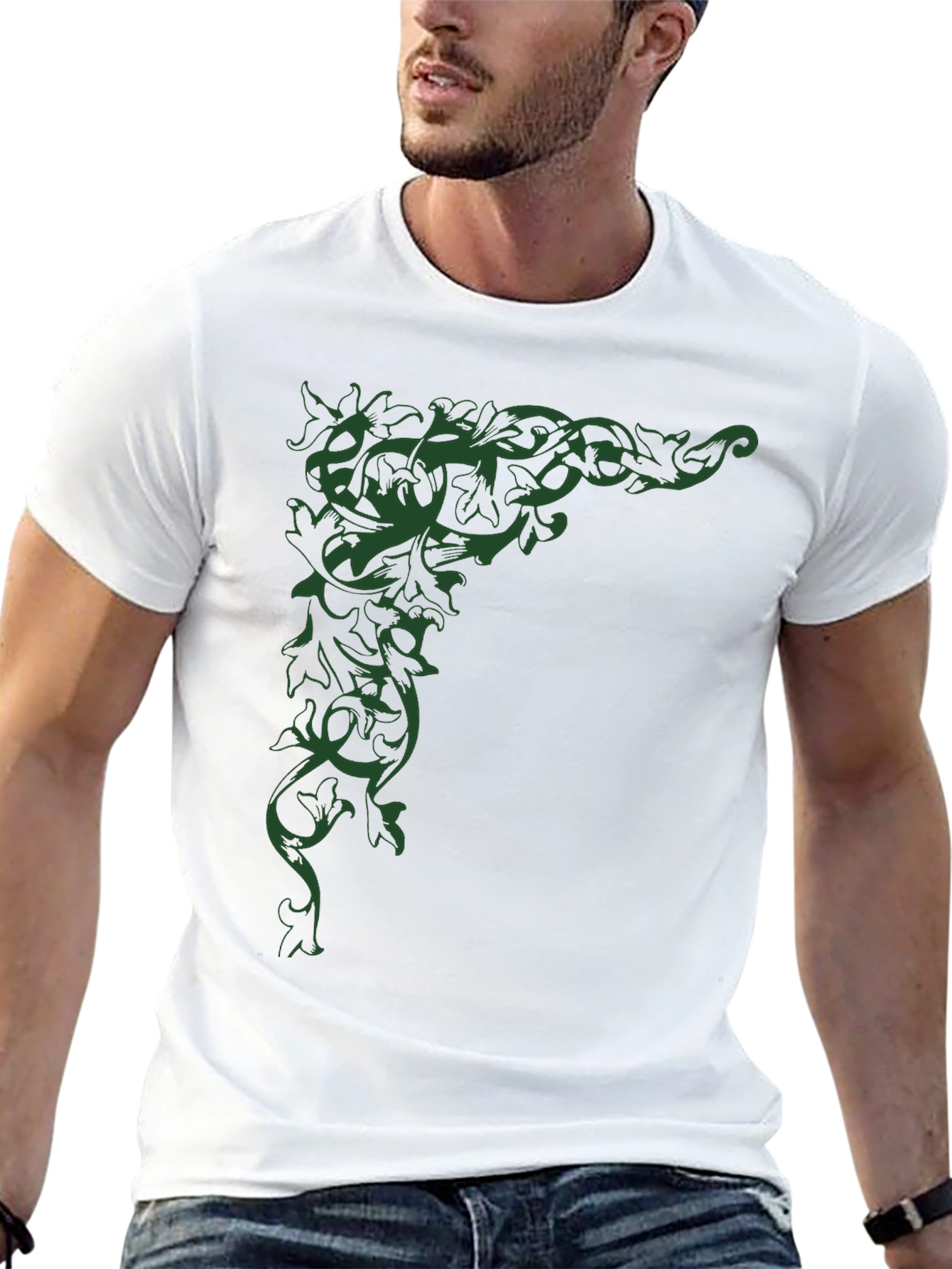 Elegant Leaf Vine Graphic Black T-Shirt