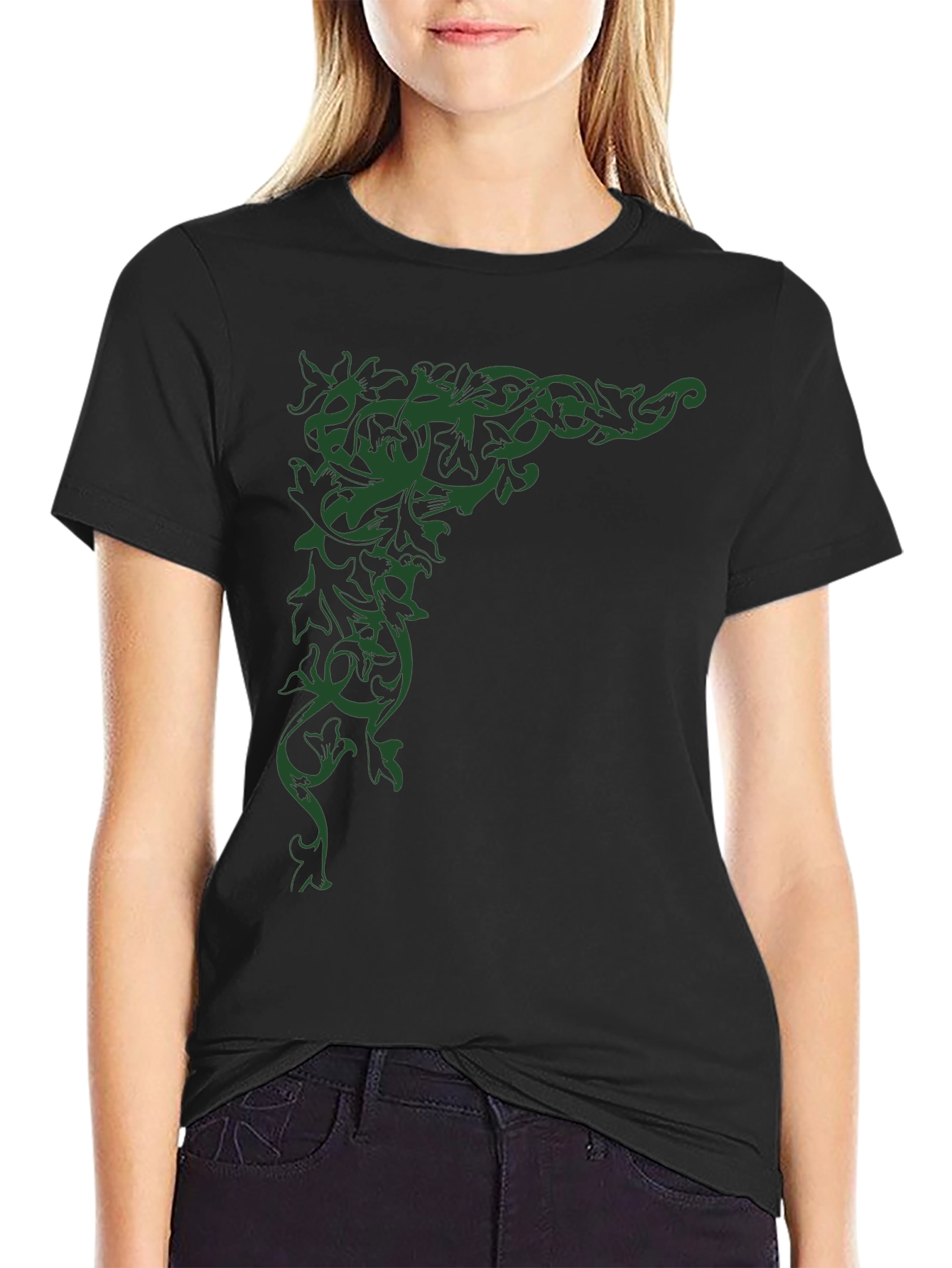 Elegant Leaf Vine Graphic Black T-Shirt