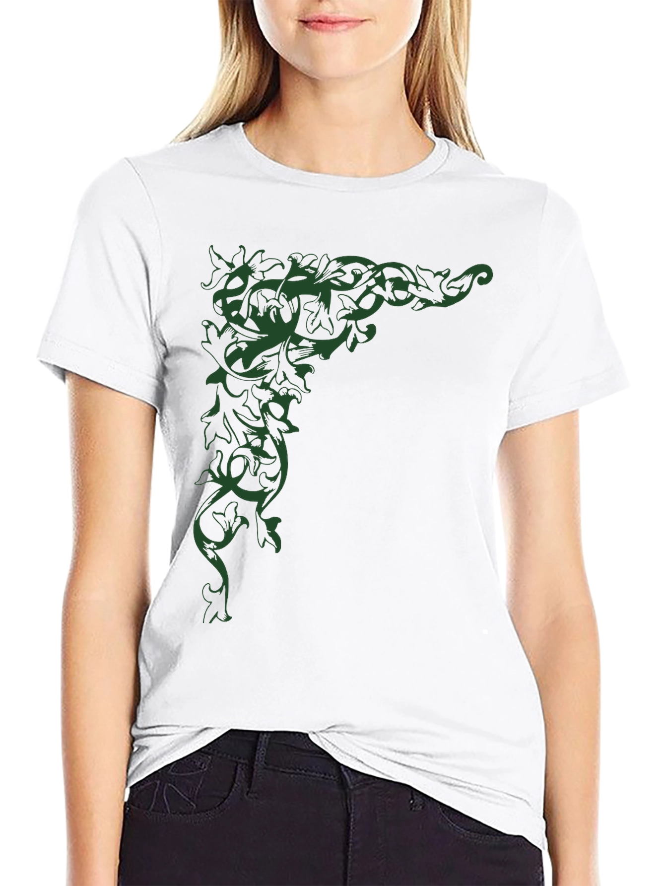 Elegant Leaf Vine Graphic Black T-Shirt