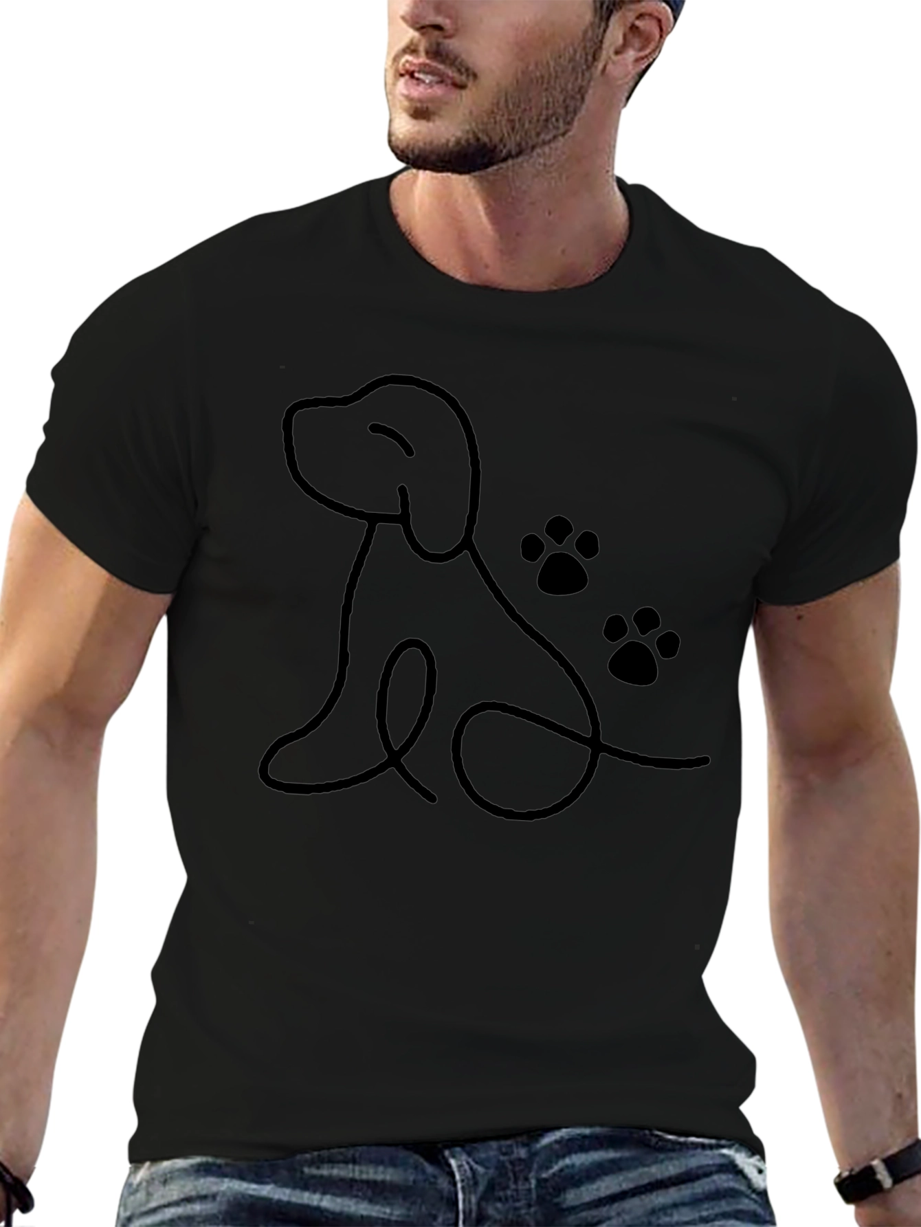 Dog Line Art T-Shirt - Casual Black Tee