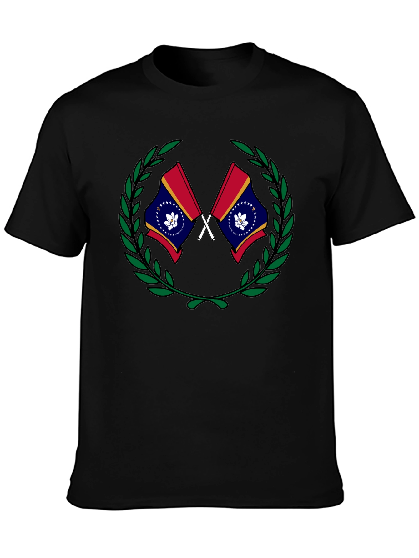 Mississippi Flag Laurel Wreath Black T-Shirt