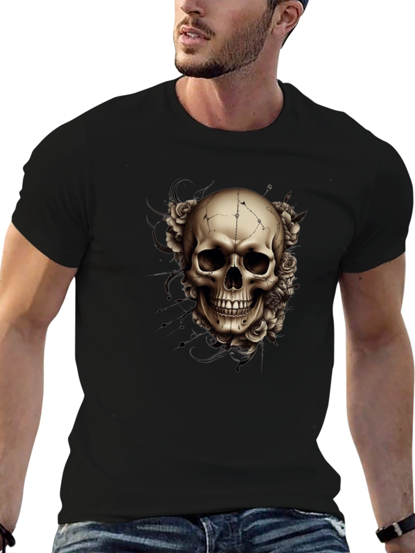 Skull & Roses Graphic Tee - Mens Black T-Shirt